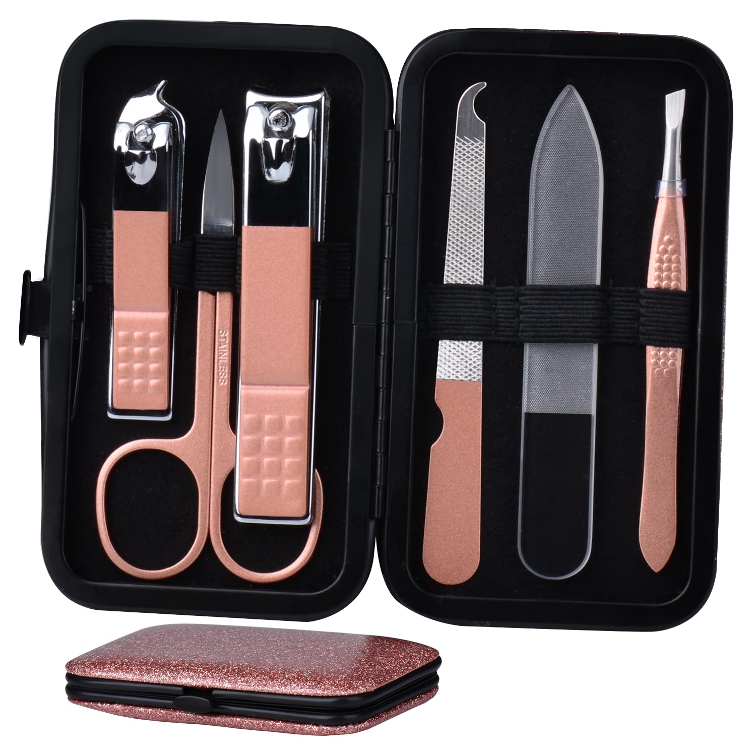 HANTEKAS Manicure Set Nail Clippers Kit 6 Pieces in 1 Stainless Steel Professional Grooming Nail Care Tools Including Nano Glass Nail Shiner Buffer
