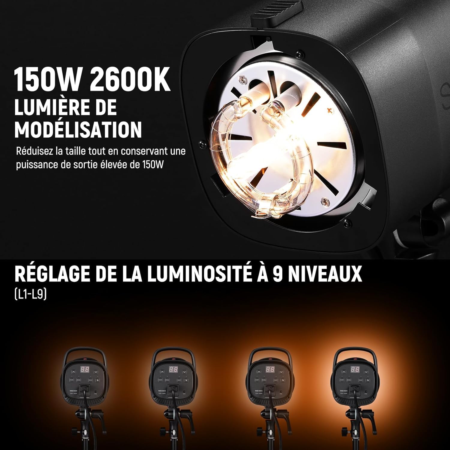 NEEWER Kit Flash monolight Studio 600W : 2 x lumières stroboscopiques S101-300W 5600K avec lumières de modélisation 150W/monture Bowens/boîte à lumière/Supports, réflecteur/déclencheur RT-16/sac