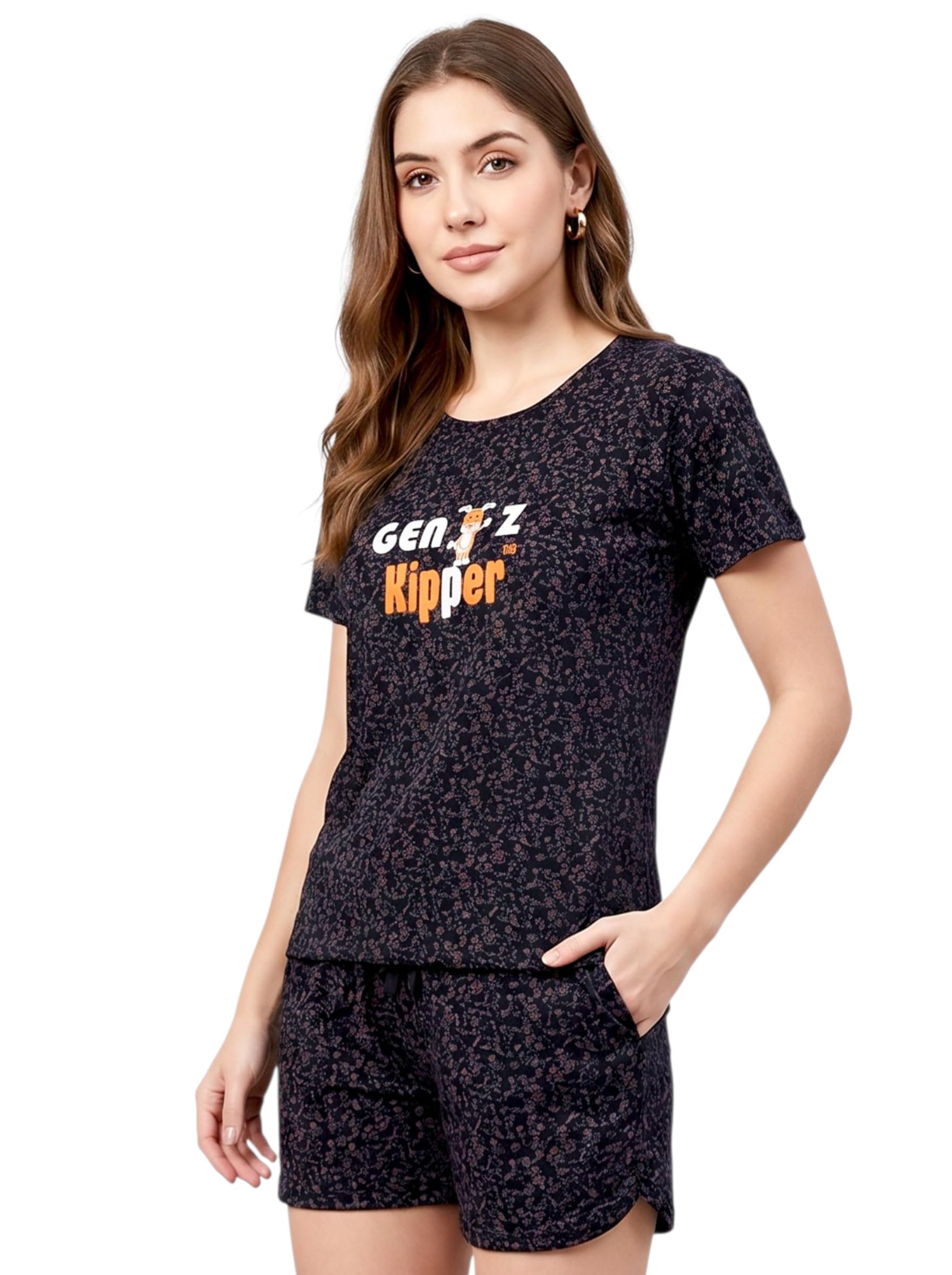 Women Cotton Night Suit Set - Printed Half Sleeve Top & Shorts-image-33