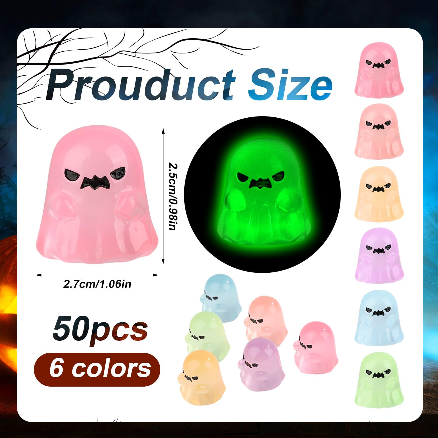 50pcs Halloween Luminous Mini Resin Ghost, Premium Tiny Resin Ghost Figures Halloween Miniature Ghost Figurines Glow in The Dark Ghost Halloween Resin Decor Vase Filler Small Decorations Ornaments