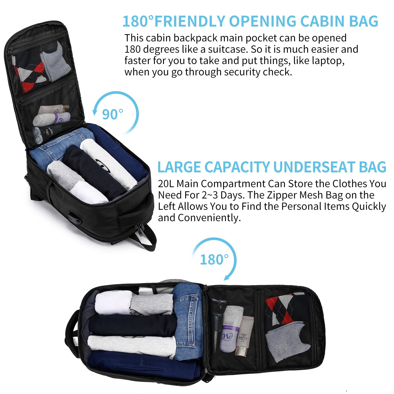 Zaino per Ryanair 40x20x25 Zaino da Viaggio Aereo Zaino Bagaglio a Mano Borsa da Cabina per Voli Zaini Casual 14 Pollici Zaino Porta PC Uomo Donna con Caricatore USB per Scuola Lavoro Trekking, Nero