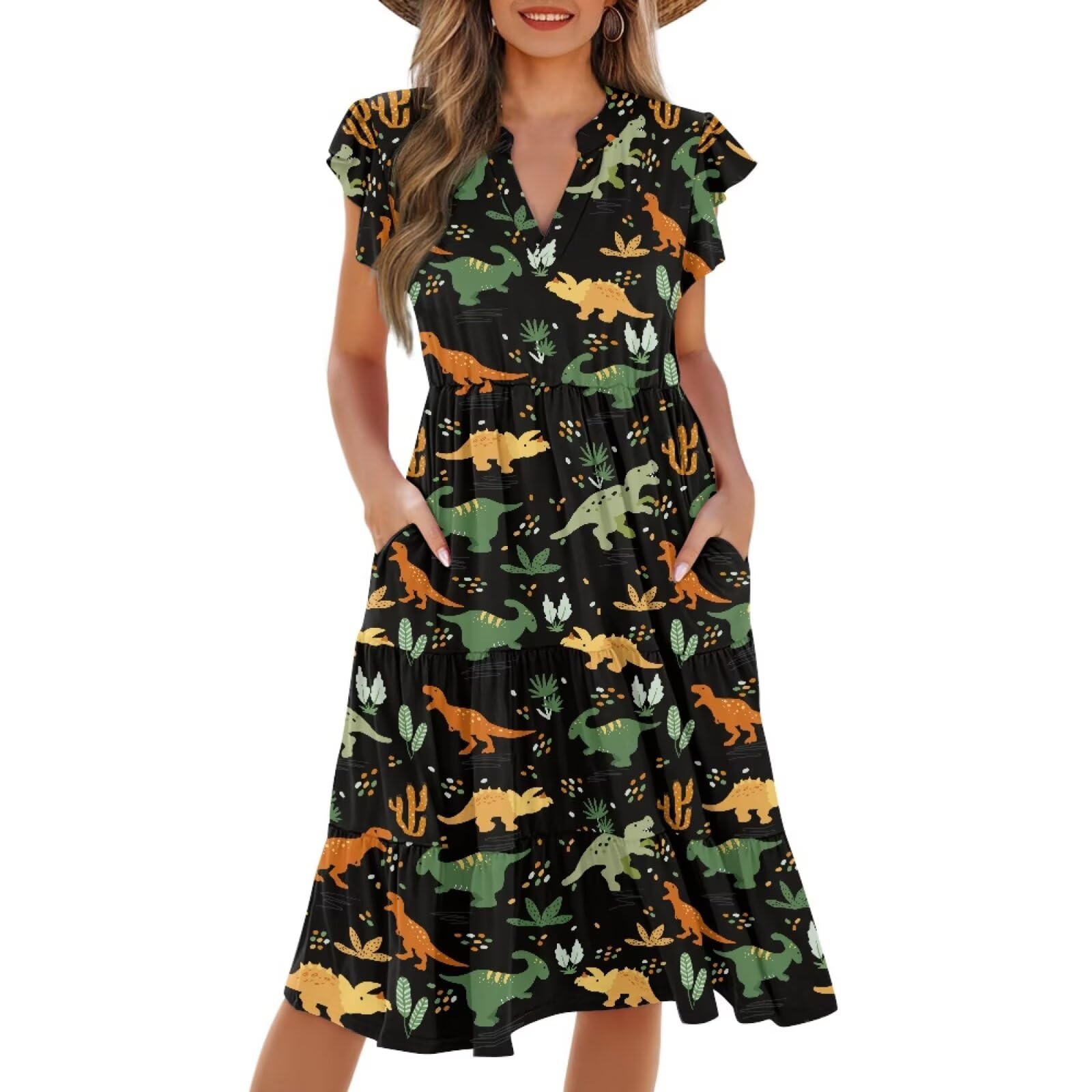 Womens Summer Dress Ruffle Sleeve V Neck Dress Casual Fit Flowy Beach Vacation Sundress with Pocket S-2XL