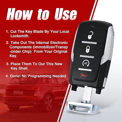 Miniatura 4 de Funda de repuesto para llavero con control remoto inteligente, 4 botones para RAM 1500 2019 2020 2021 2022 2023 compatible con FCC ID OHT-4882056,