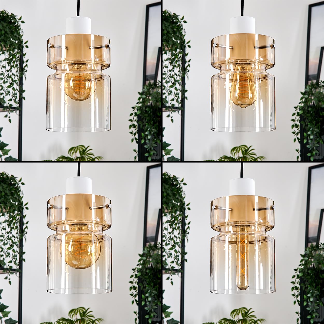 Lámpara de techo HOFSTEIN Hasvik, 3 luces de metal/vidrio en blanco/ámbar/claro, diseño retro/vintage (Ø 15 cm), E27, lámpara de techo ajustable hasta 150 cm, comedor, sala de estar, cocina