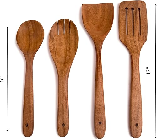 Miniatura 3 de Juego de 4 cucharas antiadherentes de madera de acacia para cocinar, utensilios de cocina de madera, cuchara y tenedor para ensalada, espátula