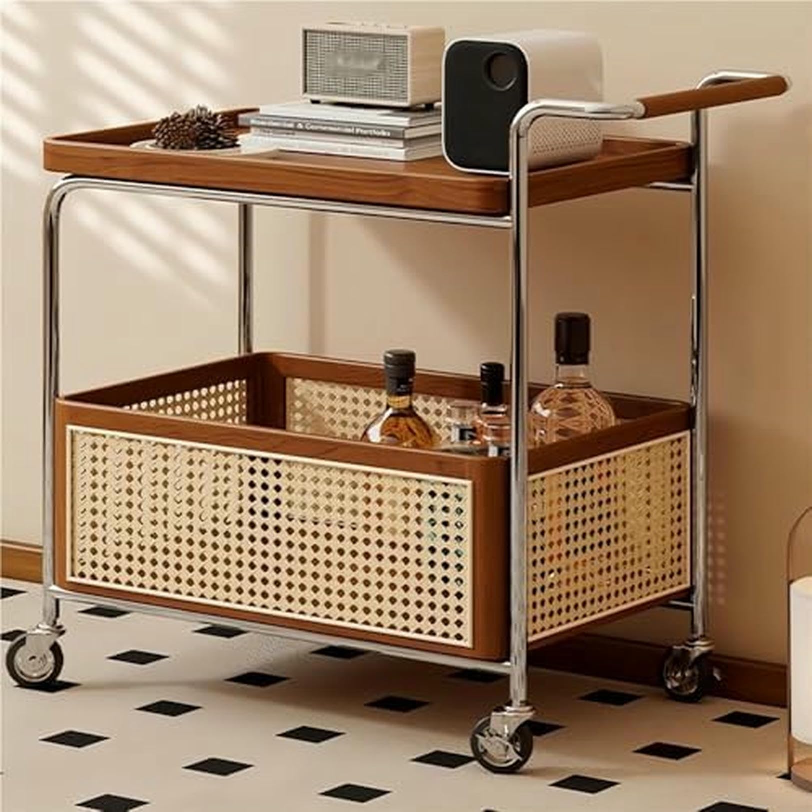 Eiwitany Rolling Rattan Side Table – 2-Tier Coffee & Storage Table, Wood Frame & Rattan Baskets for Living Room & Bedroom Decor (Brown)