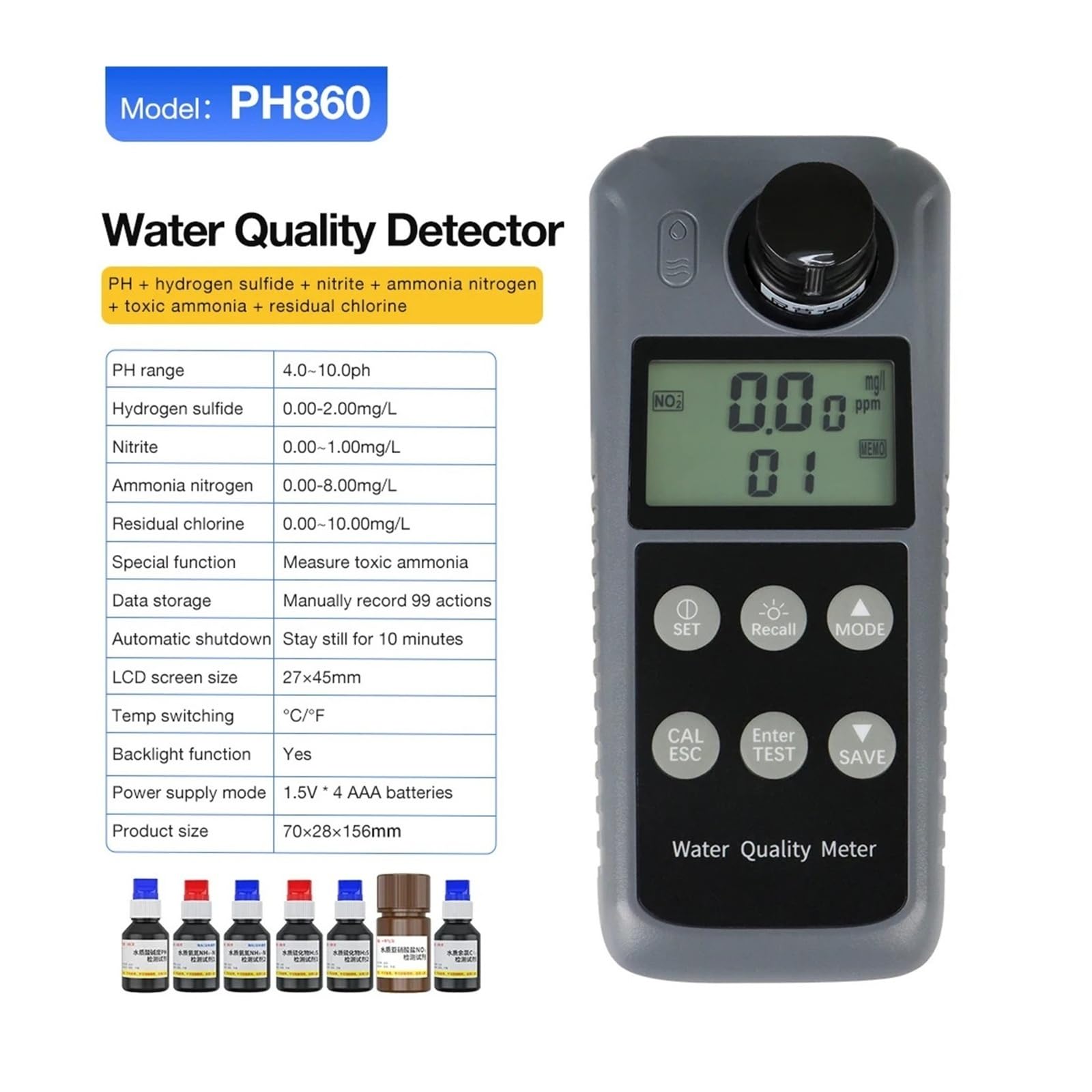 Medidor de calidad del agua, prueba de PH/turbidez/cloro/nitrito for aguas residuales industriales de acuicultura para la industria del vino vegetal