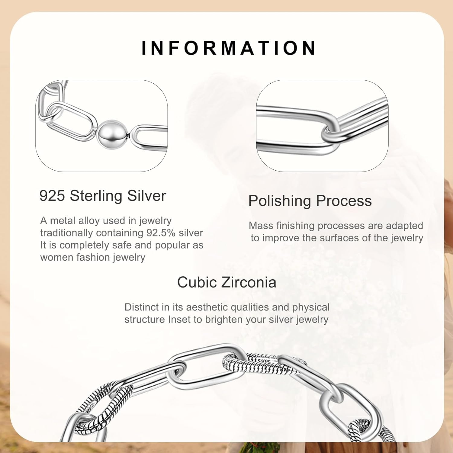 925 Sterling Silver Intertwined Link Bracelet Plain Chain Compatible with Women's Bangle Charm & Pendants - Image 3