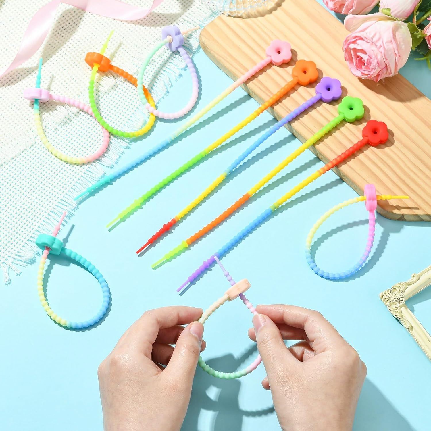 LiQunSweet 24 pcs 12 Styles Gradient Flower Silicone Cable Ties Reusable Rubber Adjustable Twist Tie Cord Straps for Bag Seal Clip Zip Wraps Management Organizer