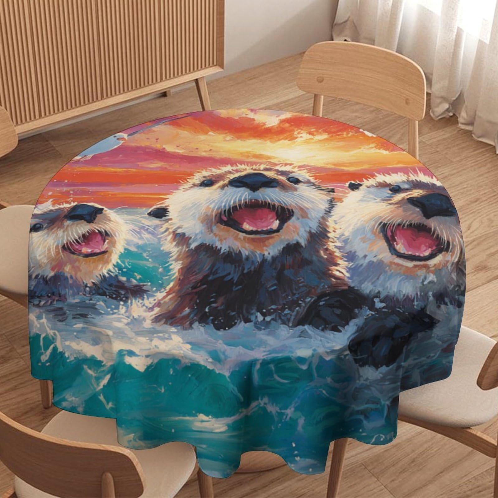 LUYYSKY Modern Rustic Cute Otters Round Tablecloth Nautical Abstract Sunset Landscape Sea Birds Seagulls Animals Otters Washable Decor for Table Cover for Kitchen-177.8" Wx177.8 L cm