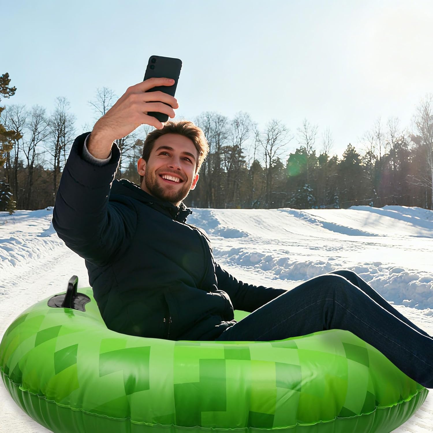 Pixel Snow Tube, 40 Inch PVC Pixel Inflatable Snow Sled for Kids and Adults Video Game Theme Cold-Resistant Toy with Raised Handles Outdoor Winter Sledding Supplies