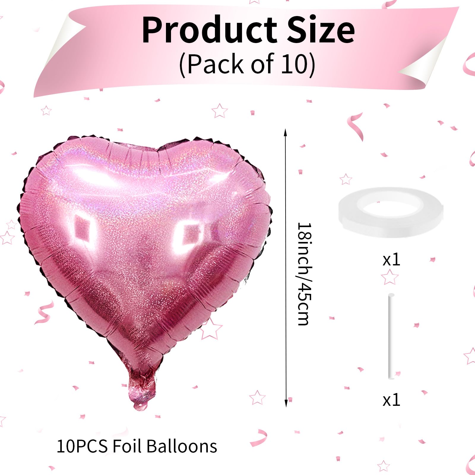 18 Zoll Herzluftballons Rosa, 10 Stück Glitzer Rosa Herzluftballons Hochzeit, Hell Rosa Luftballons Herz Folienballons Valentinstag für Geburtstag Hochzeit Babypartys Valentinstag Partydekoration