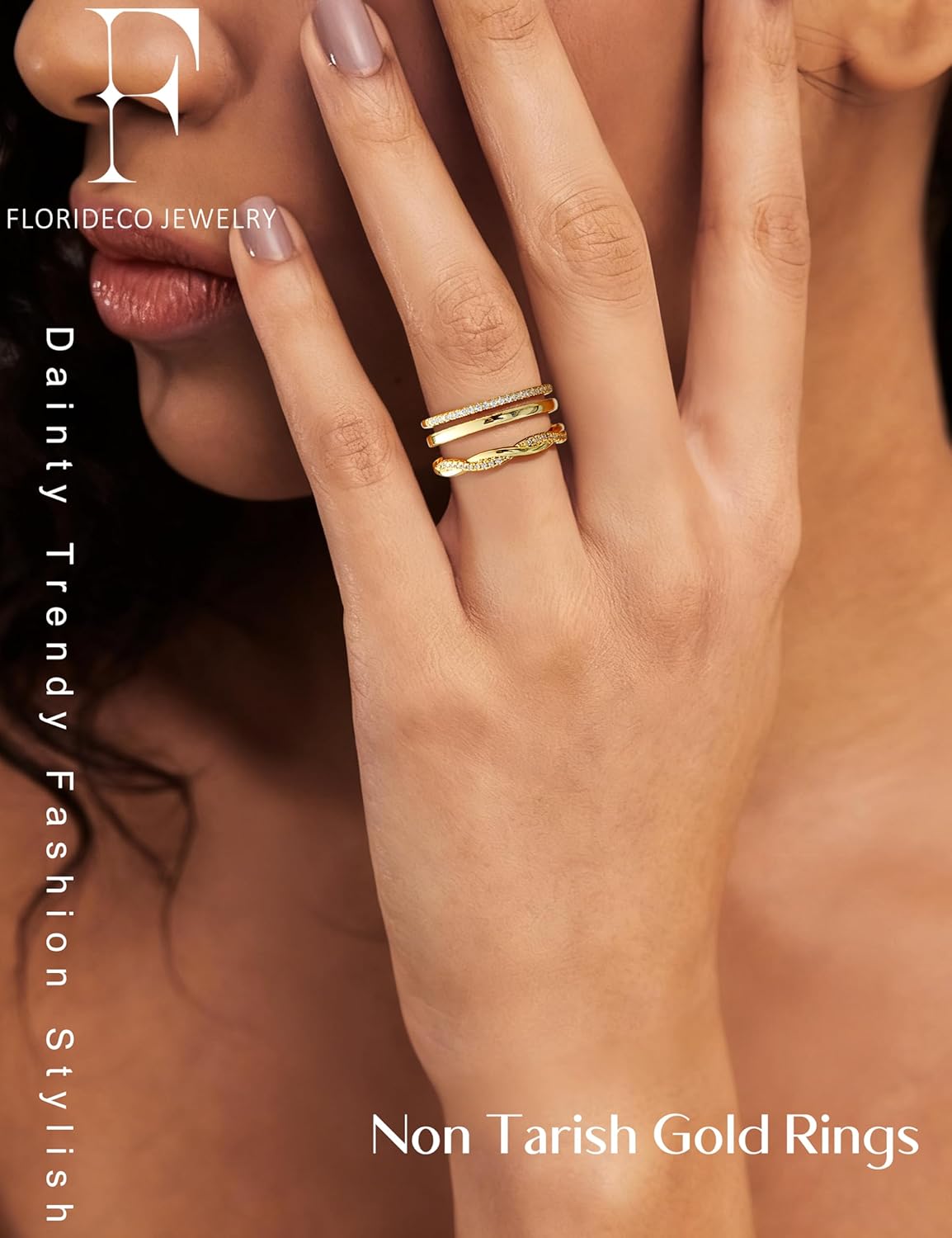 Florideco 14K Gold Plated Stackable Rings for Women Non Tarnish Dainty Cubic Zirconia Ring Set Minimalist Wedding Bands Ring Stack Statement Engagement Promise Thumb Rings Size 5-10 - Image 4