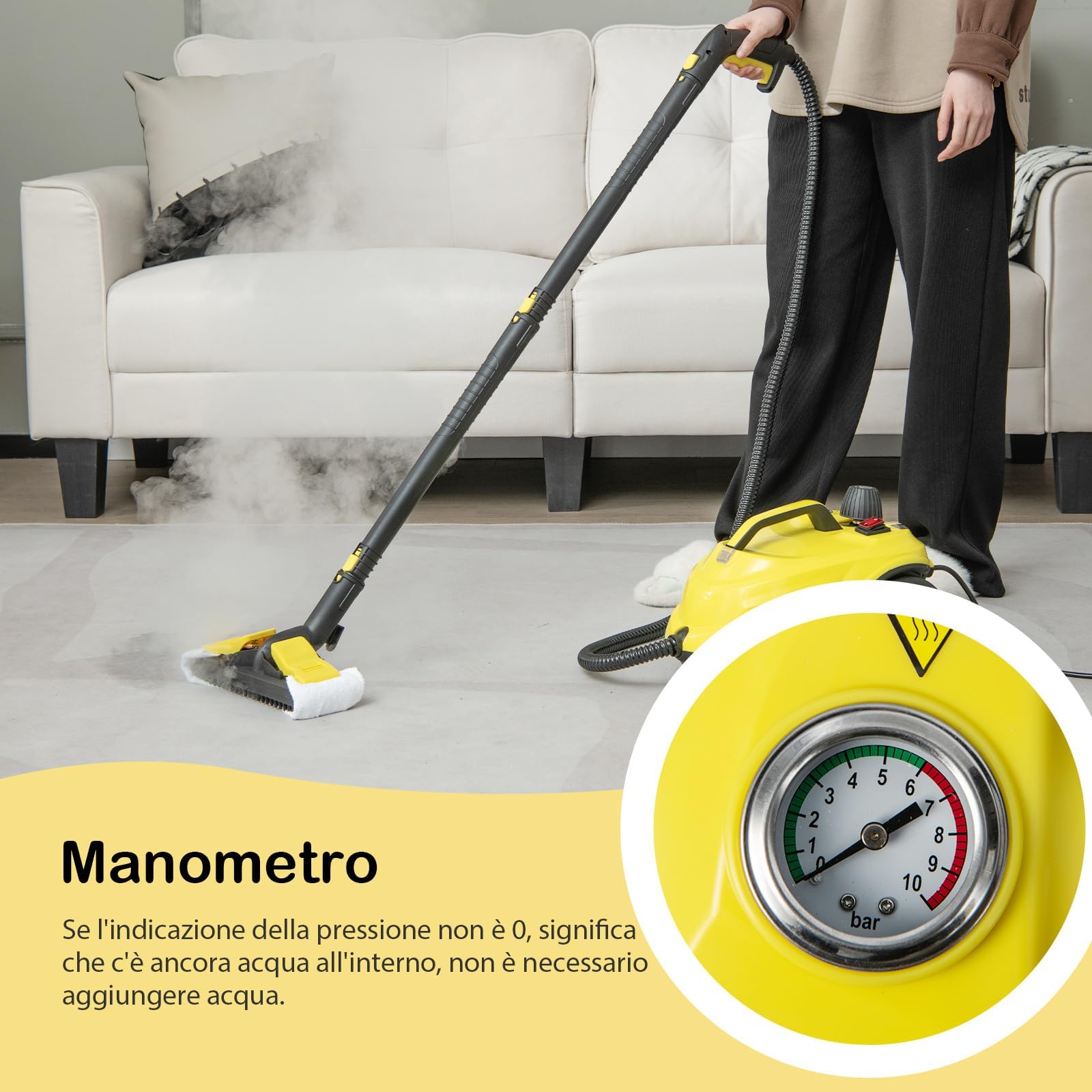 RELAX4LIFE Pulitore a Vapore 2000 W, Temperatura 160°,5 bar, Per Pulire: 108 m², Serbatoio: 1,8 L, Tempo di Riscaldamento: 8 min, 3 Regolazione del vapore, Ricchi Accessori,Senza Chimici (GIALLO)