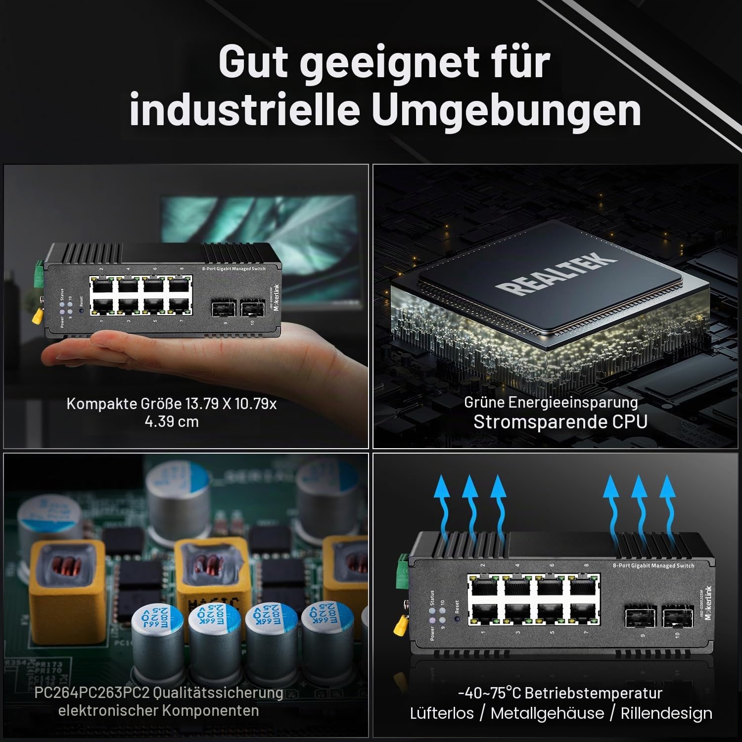 MokerLink 8 Port Gigabit Industrial DIN-Rail Ethernet Switch Managed, 2 SFP Ports, 20Gbps Switching Kapazität, Web L2+ Managed IP40 Netzwerk Switch, mit Netzteil