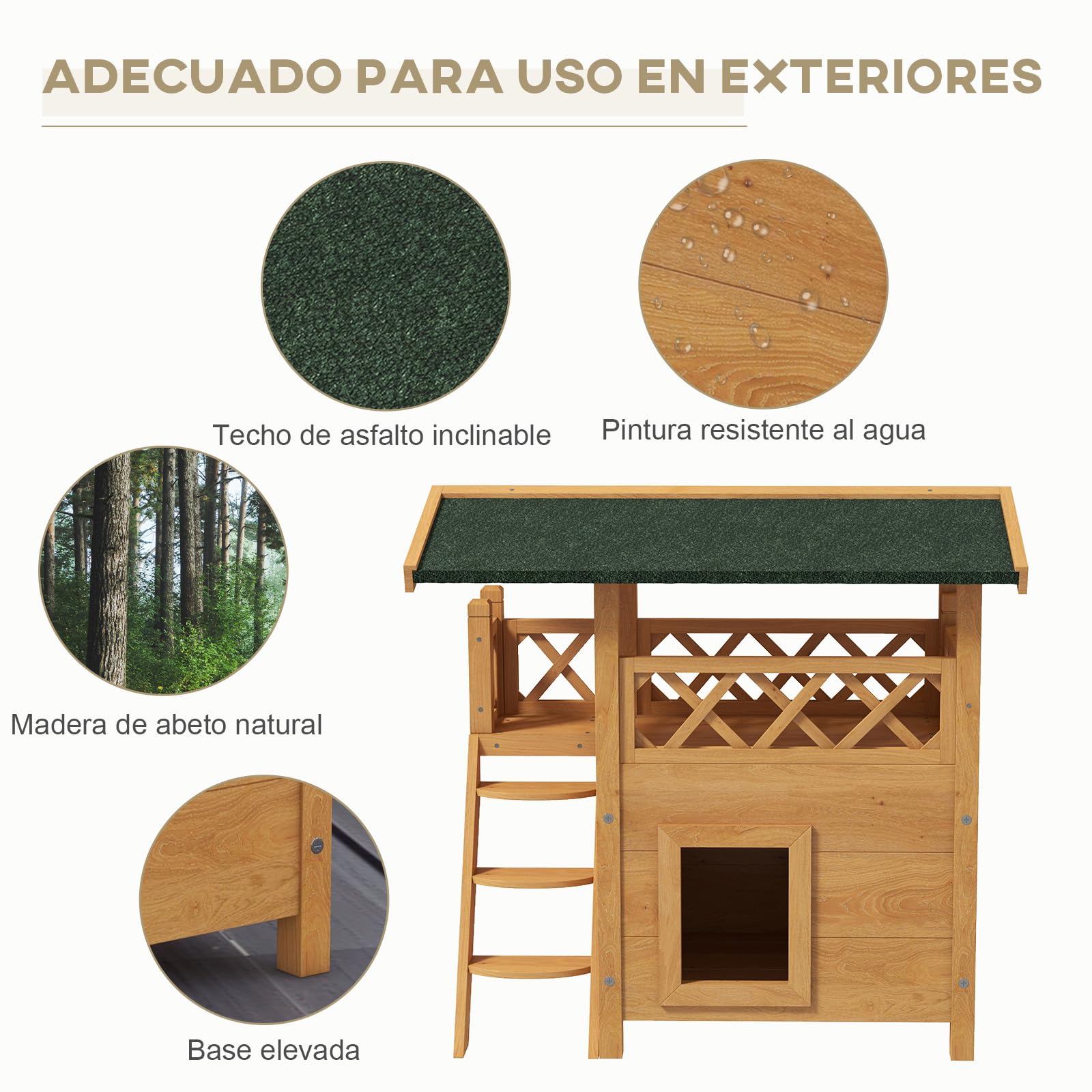 PawHut Casa para Gatos de Madera 77x50x73 cm de 2 Niveles con Techo Asfáltico, Escalera y Balcón para Exterior Natural