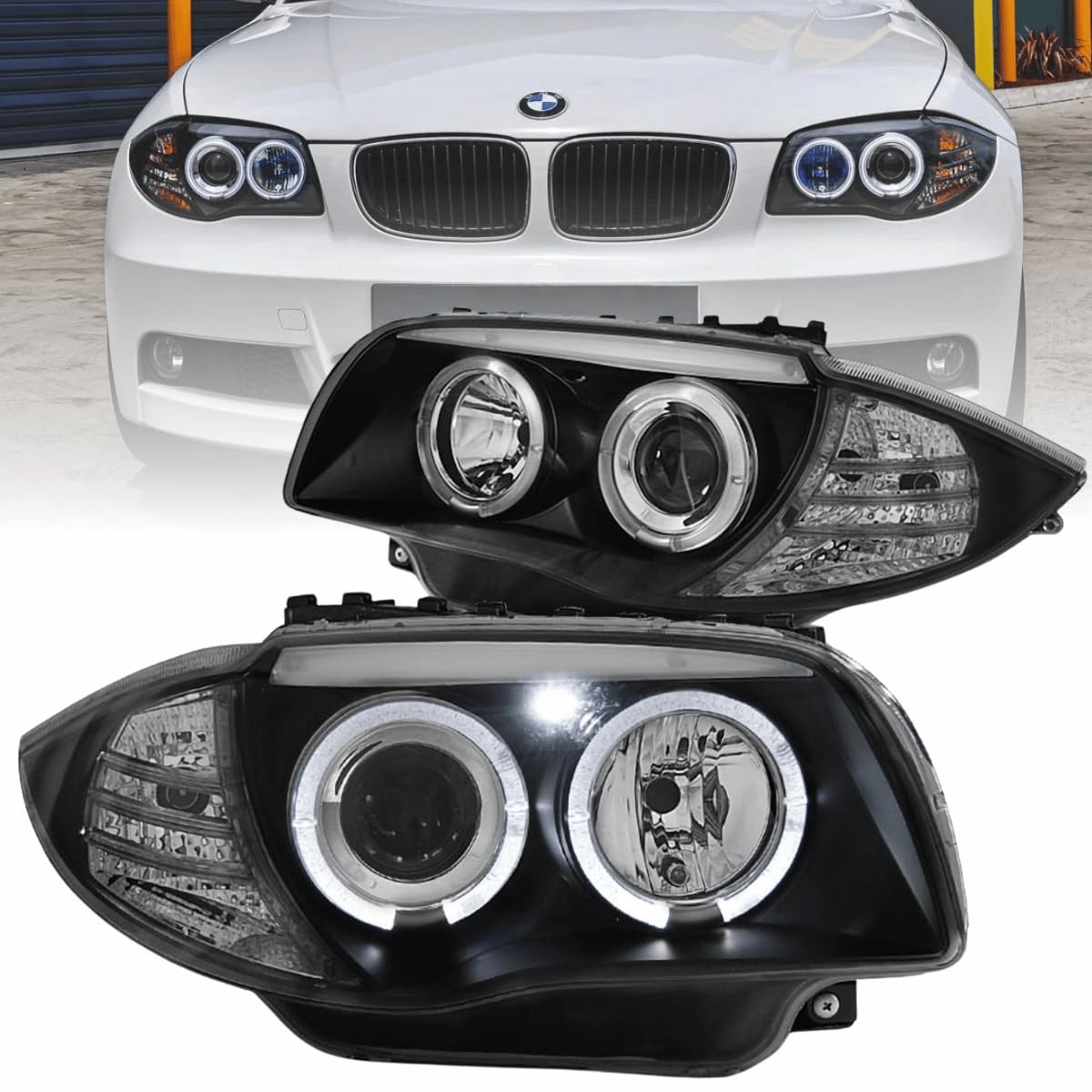 LED Angel Eyes Scheinwerfer Set für BMW 1er E87 E81 E82 E88 2004-2011 schwarz