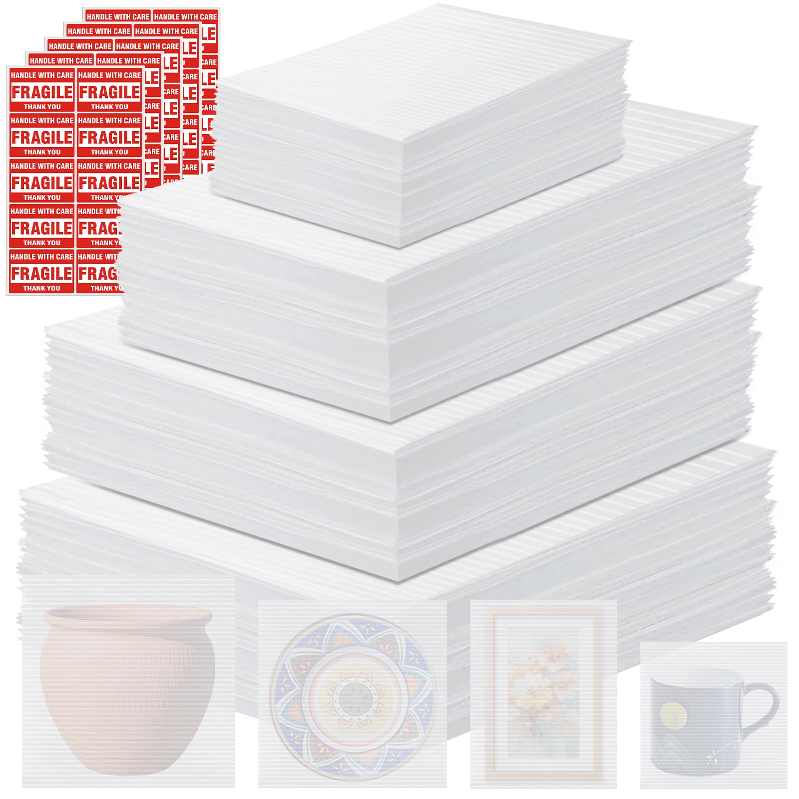 250PCS Packaging Supplies,200 Pack Foam Pouches 4 Sizes(14"x14", 12"x12", 12"x7.5", 7.5"x7.5") with 50 Fragile Stickers,Cushion Foam Pouch for Moving,Packing,Transportation,Storage