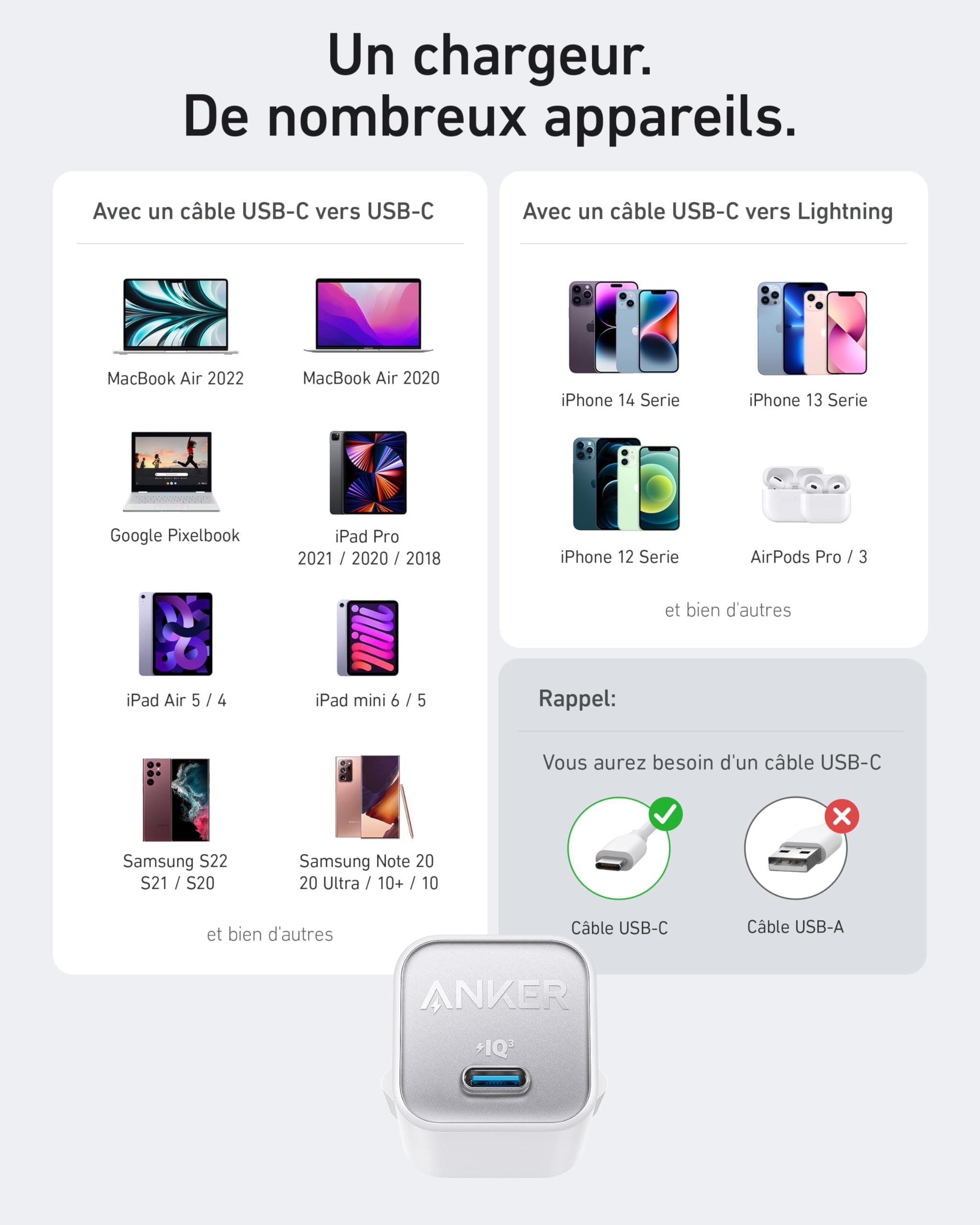 Anker Chargeur iPhone USB C 30 W (Nano3 511), GaN PIQ 3.0 PPS, Compatible avec IPhone 17 Plus/iPhone 17 Pro Max/16/15/14/13/13, Galaxy, Pixel 4/3, iPad (câble Non Inclus)