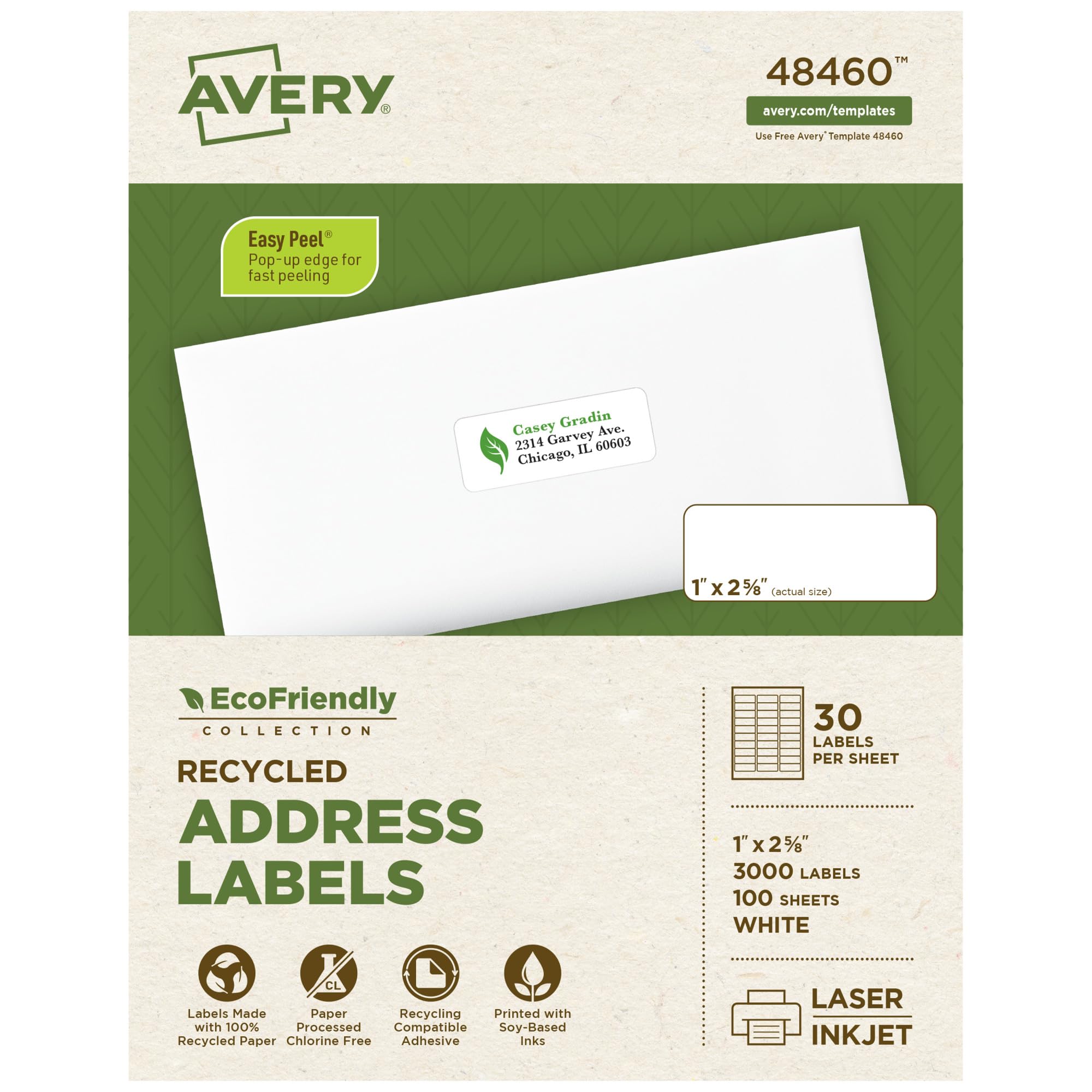 Avery® EcoFriendly Recycled Address Labels, 1" x 2-5/8", White, Permanent Label Adhesive, 3,000 Printable Labels (48460)