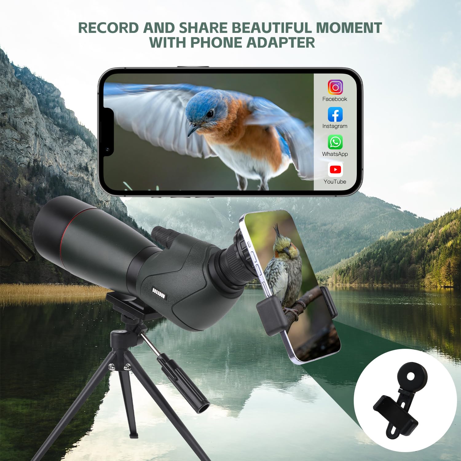 Cannocchiale,telescopio impermeabile con treppiede con prisma BAK4, adattatore per telefono, borsa per il trasporto, per l'osservazione degli uccelli e la caccia (MY-GN0039G(25X))