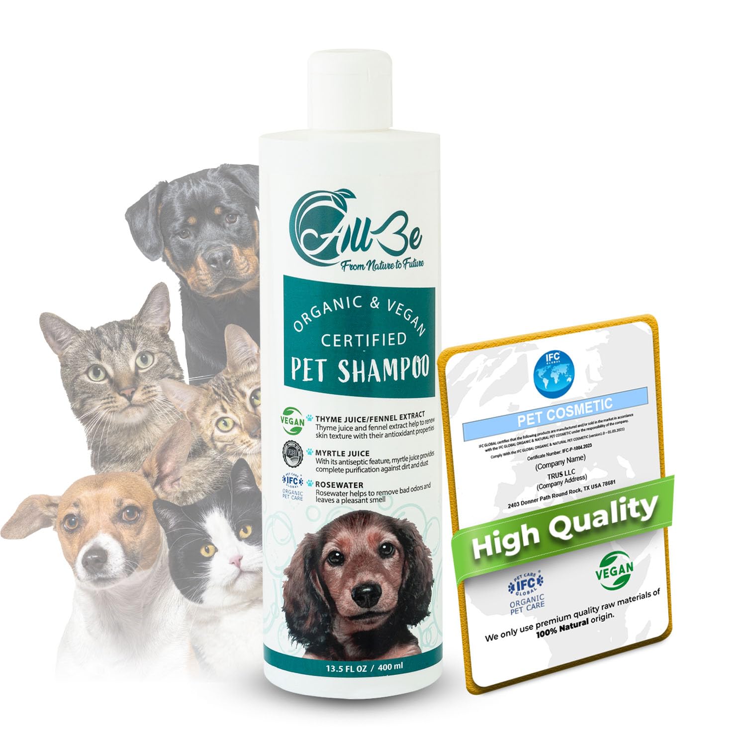 Hundeshampoo 400 ml - 3 Stück - Bio -100% Vegan-Tierwaschmittel-Katzenshampoo - Sicher für Normale, juckende, empfindliche und trockene Haut - desodorierende und feuchtigkeitsspendende (3 Pack)