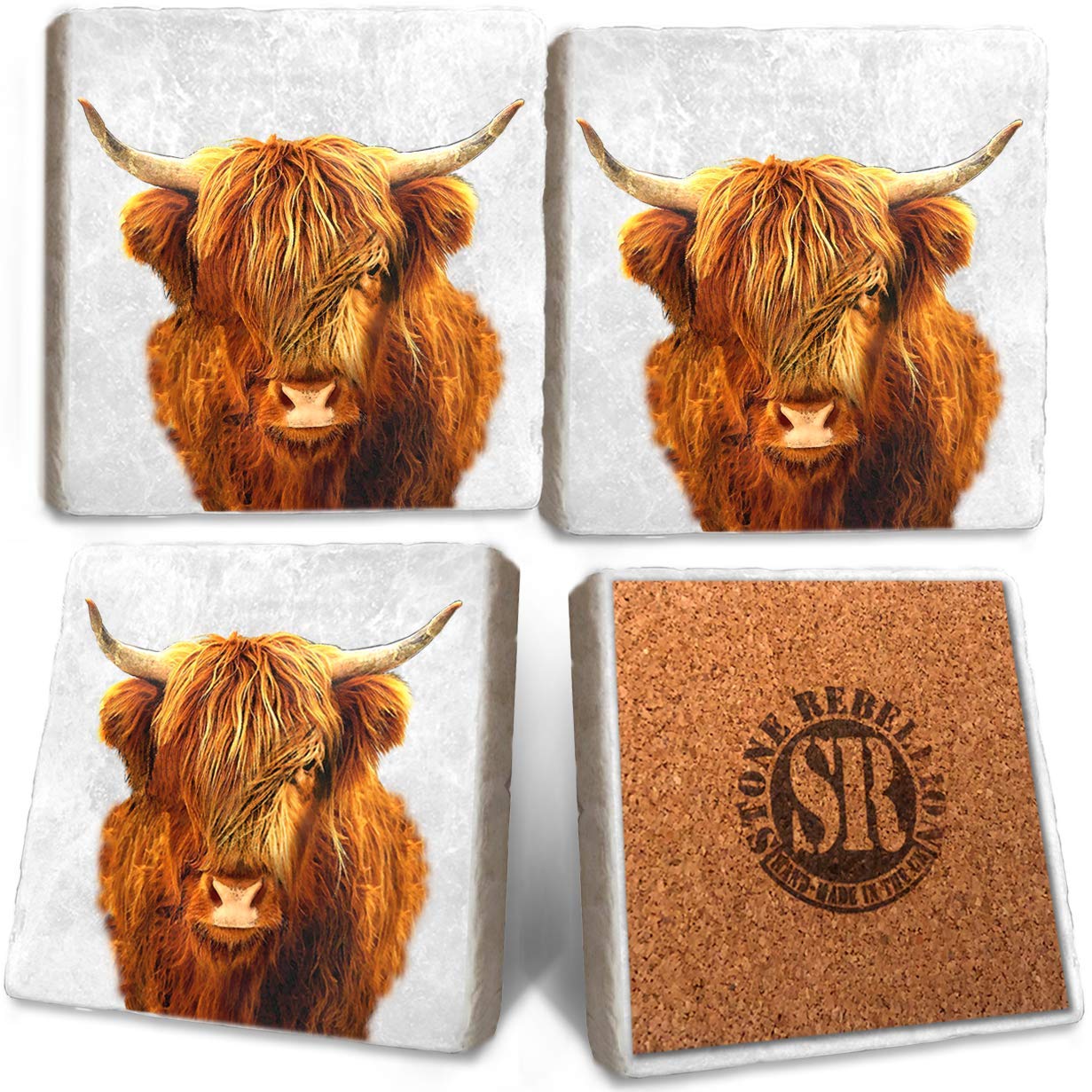 Highland Cow solid natural marble Coasters (Set of 4)