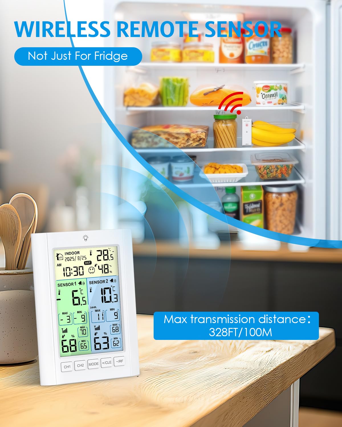 Brifit Kühlschrank Thermometer mit 2 Sensoren, Digitale Gefrierschrank Thermometer mit Temperatur Alarm, Farbdisplay, Hintergrundlicht, Max/Min, DST, Zeit Kalender, ℃/℉, Dual-Power-Modus für Familie