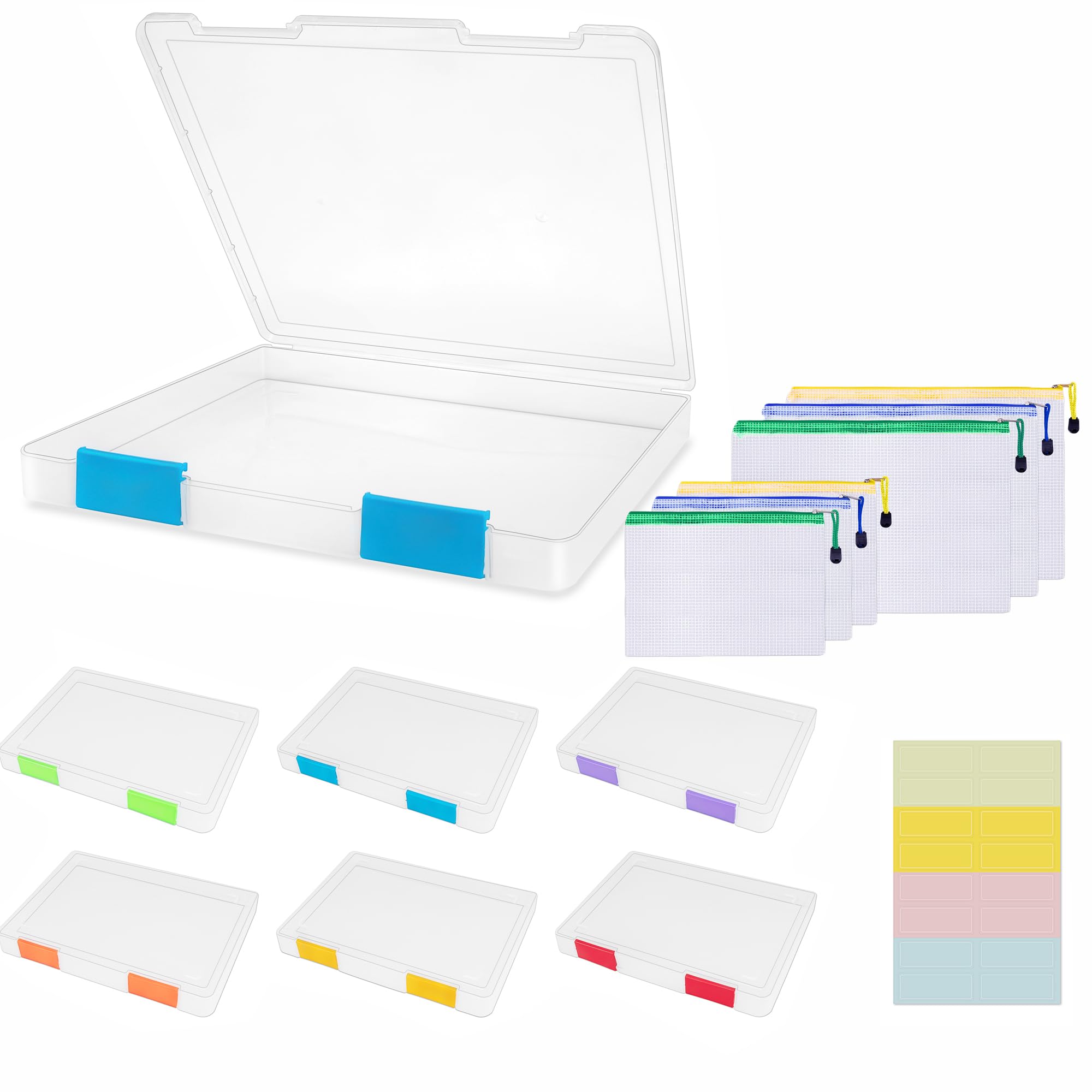 Pechor 6 Pcs A4 File Box Clear Plastic File Storage Box Paper Organizer Board Game Storage Scrapbook File Holder with Buckle, with 6Pcs Plastic Wallets, 16pcs Sticker Labels, Colorful