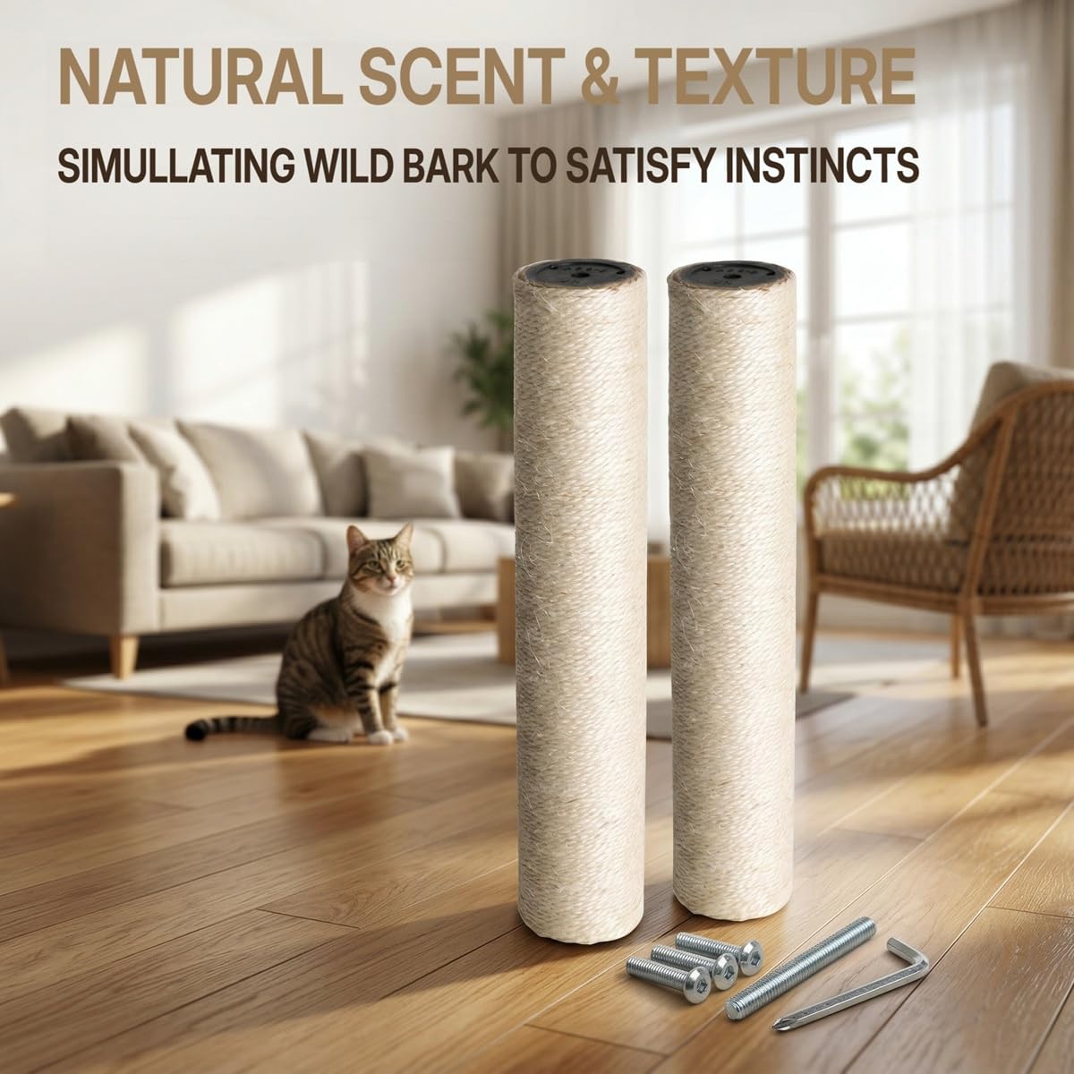 2 Pcs Poteau de Rechange Arbre à Chat 35 x 6.5 cm avec Vis M8, Tronc de Rechange Griffoir Chat, Poteau à Griffer de Remplacement avec Corde en Sisal, pour Rénovation Colonne à Griffer d'Animau