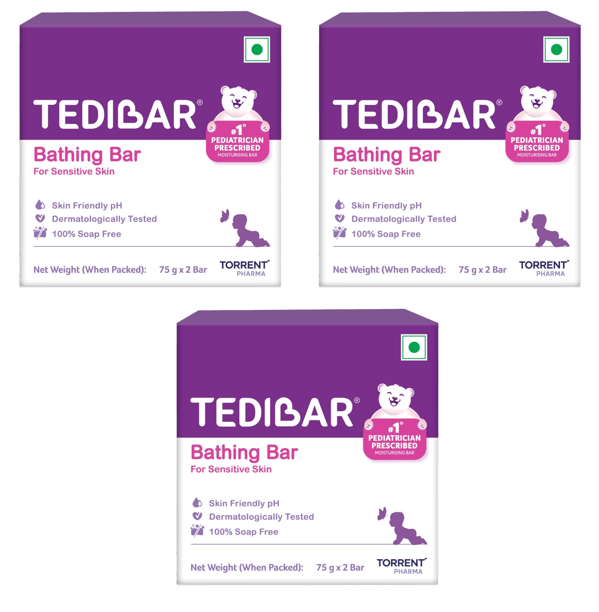 Tedibar Moisturising Baby Bathing Bar each (75gx2) with Skin Friendly PH|100% Soap Free|Dermatologically Tested x Pack of 3