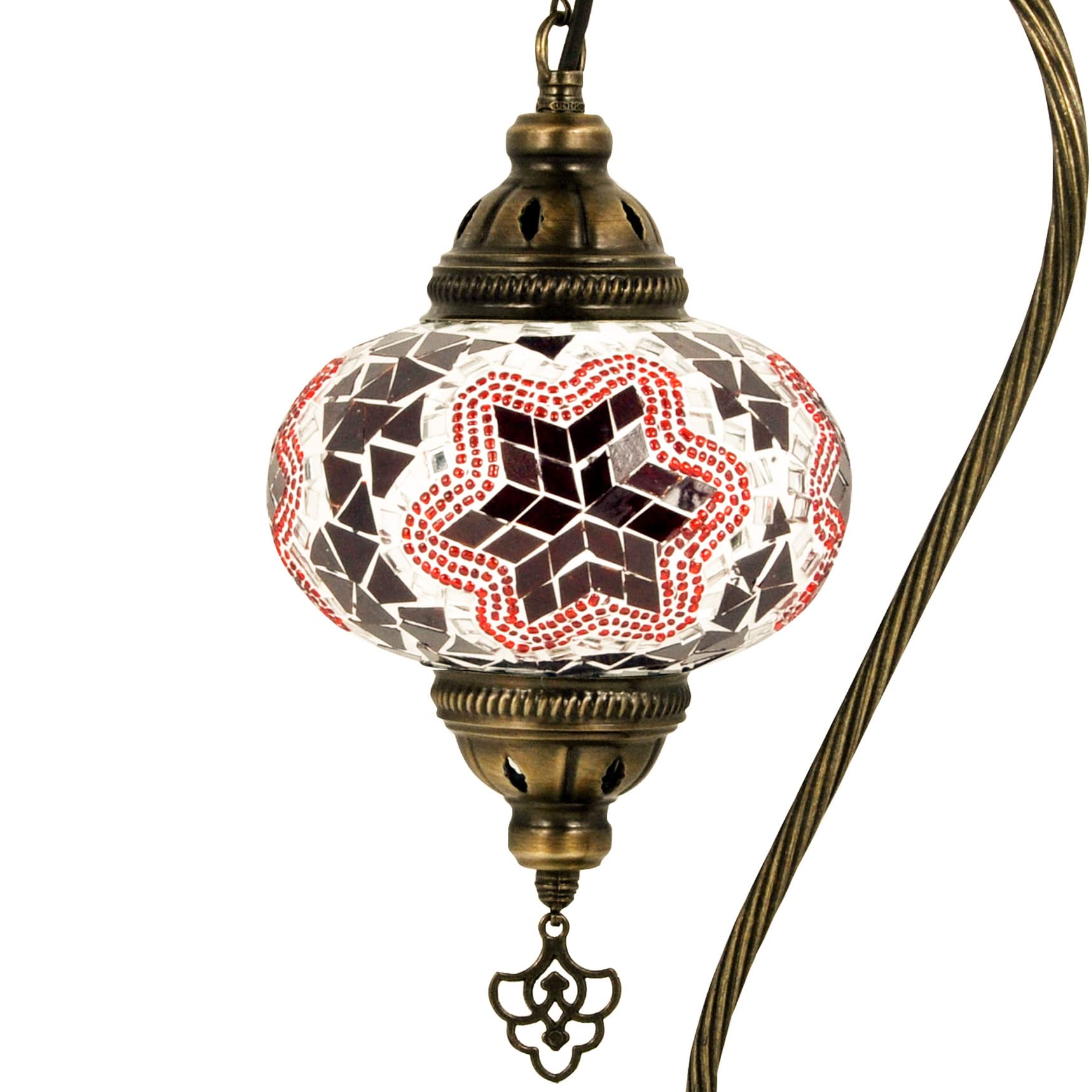 MOSLAND HOME 5 Variation Turkish Lamp Mosaic Table Lamps | Turkish Moroccan Lamp with Bronze Base | Handmade Swan Neck Tiffany Night Lamp | Mosaic Glass Bedside Night Lamp with Led Bulb (Red)