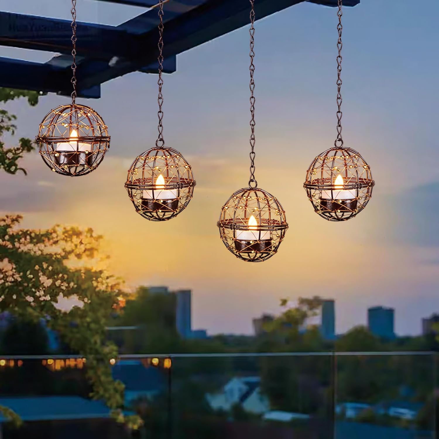 Outdoor Solar Hanging Lanterns Waterproof, Globe Hanging Candle Holder with Flickering Solar Powered Tea Lights, Chargeable Solar Chandelier Light for Backyard Patio Garden Fence Tree Decoration-4Pack