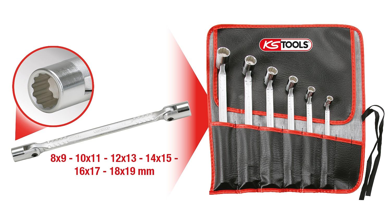 Ks Tools 517.0310 - Jeu de 6 Clés à douilles articulées - 12 pans - en Chrome Vanadium - Finition Satinée