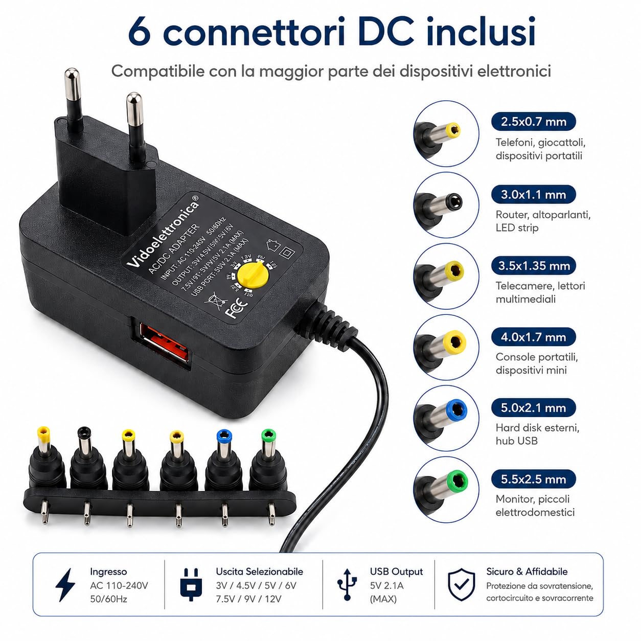 Zasilacz Uniwersalny 3V 4.5V 5V 6V 7.5V 9V 12V 1000MA 12w Max 8 ADAPTERY