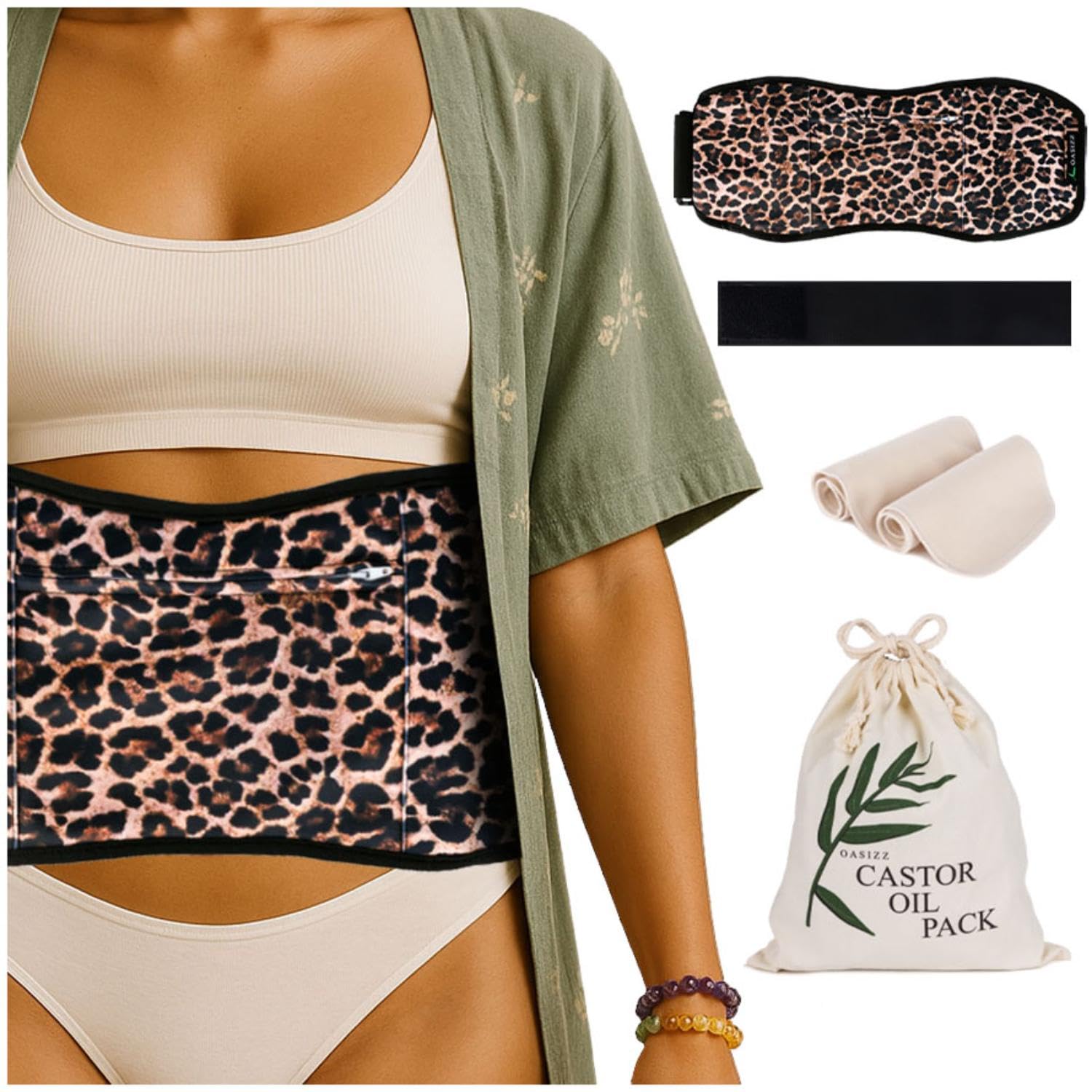 5-Pack Ultra-Soft Cotton Flannel Castor Oil Stomach Wrap, Premium Comfort, Leak-Resistant & Adjustable Fit, Reusable, Mess-Free Detox & Relaxation Kit with Extra Pads & Storage Bag - Unique Design