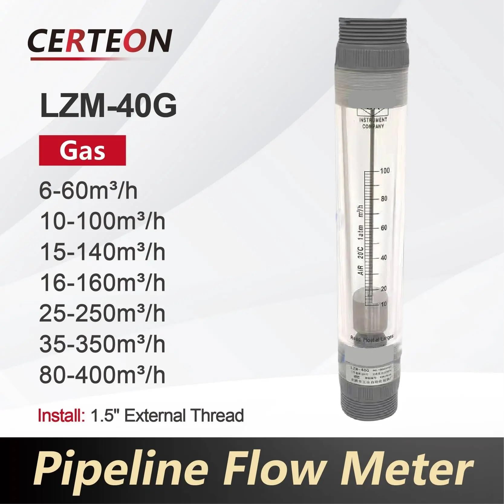 Rotámetro acrílico de LZM-40G, medidor de flujo de área Variable, medidor de flujo en línea de paleta giratoria for uso Industrial de aire comprimido líquido de Gas(Contact us)