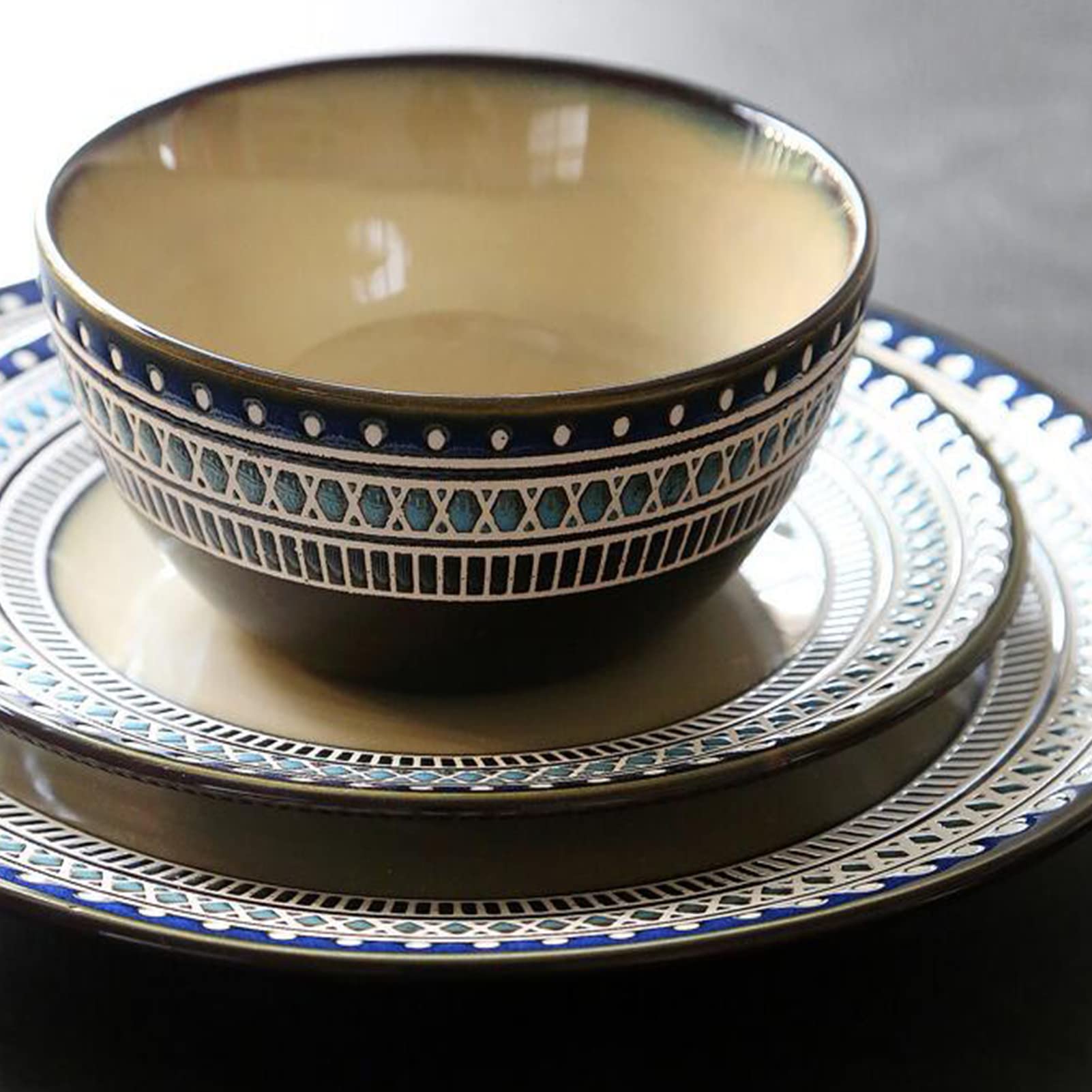 Zestaw naczyń porcelanowych, 8 sztuk, zestaw naczyń ceramicznych w stylu vintage, rustykalny, dla 2 osób, kompletny zestaw naczyń z talerzem płaskim, talerzem deserowym, salaterką i kubkiem 400 ml