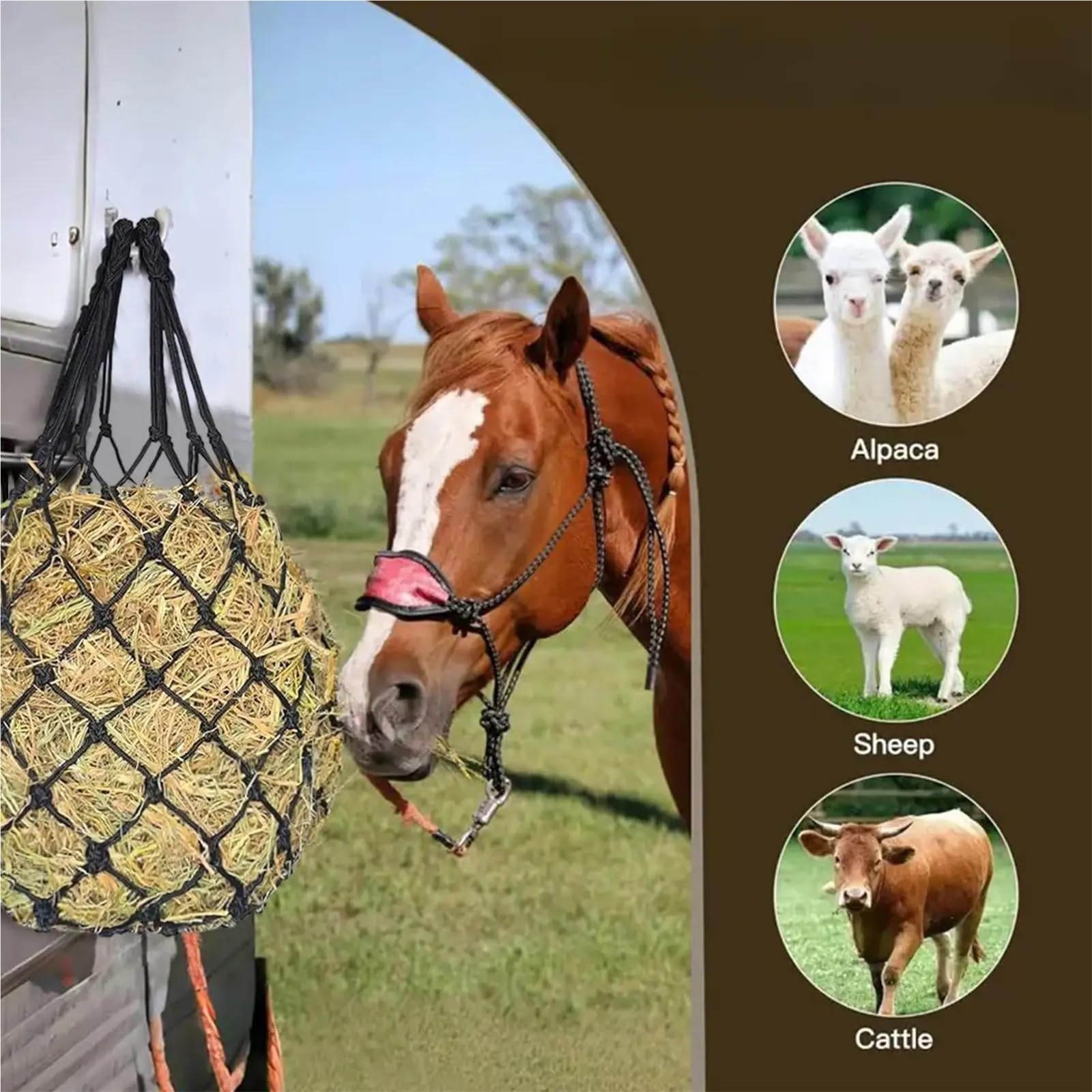 Red para heno con Agujeros pequeños, Red de heno for Caballos de alimentación Lenta con Soporte for golosinas de aro Fijo