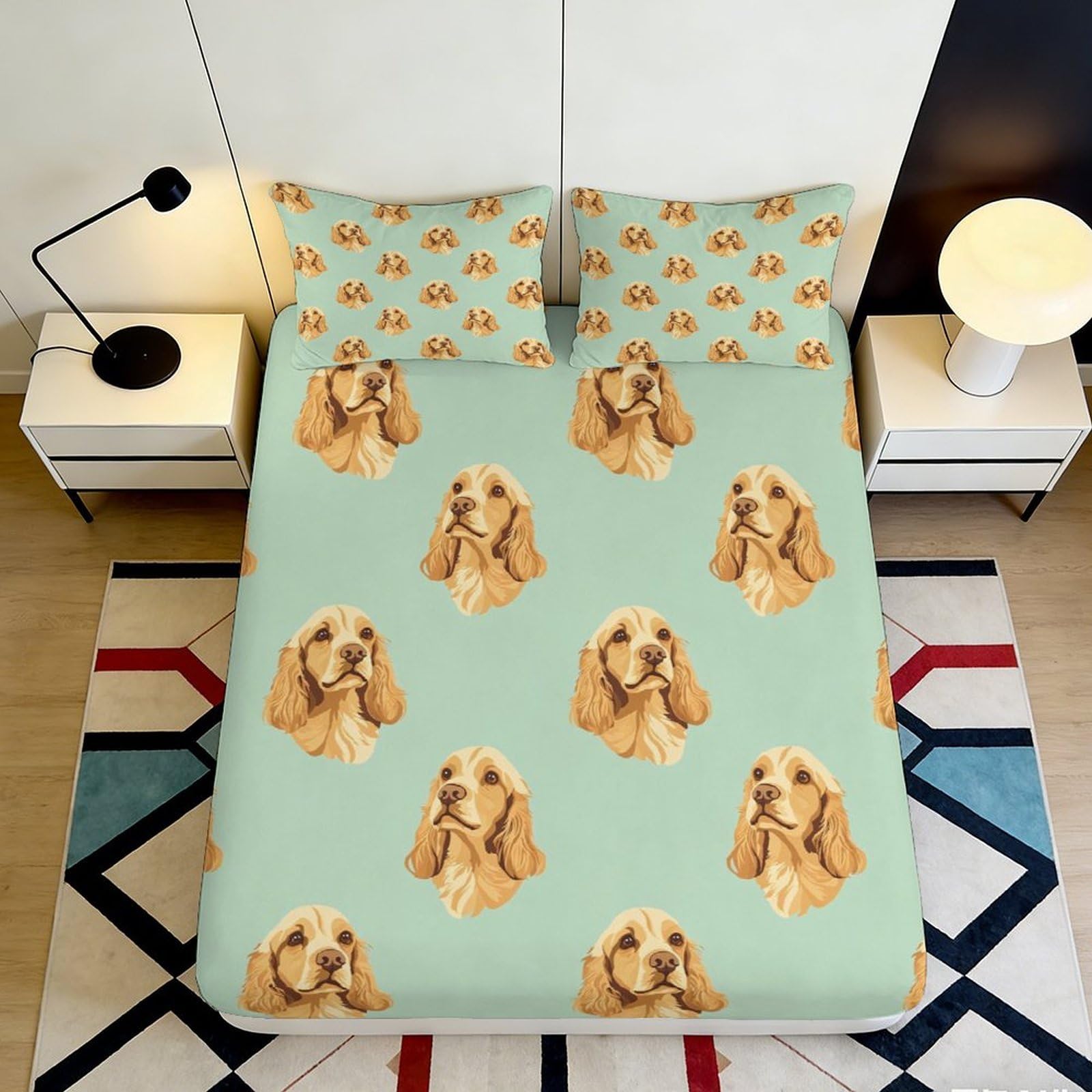 3D Printed Cocker Spaniel Dog Fitted Sheet Microfiber Mint Green Cartoon Mattress Cover Anti-Slip for Bedroom Guest Room Decor 140x200x25cm