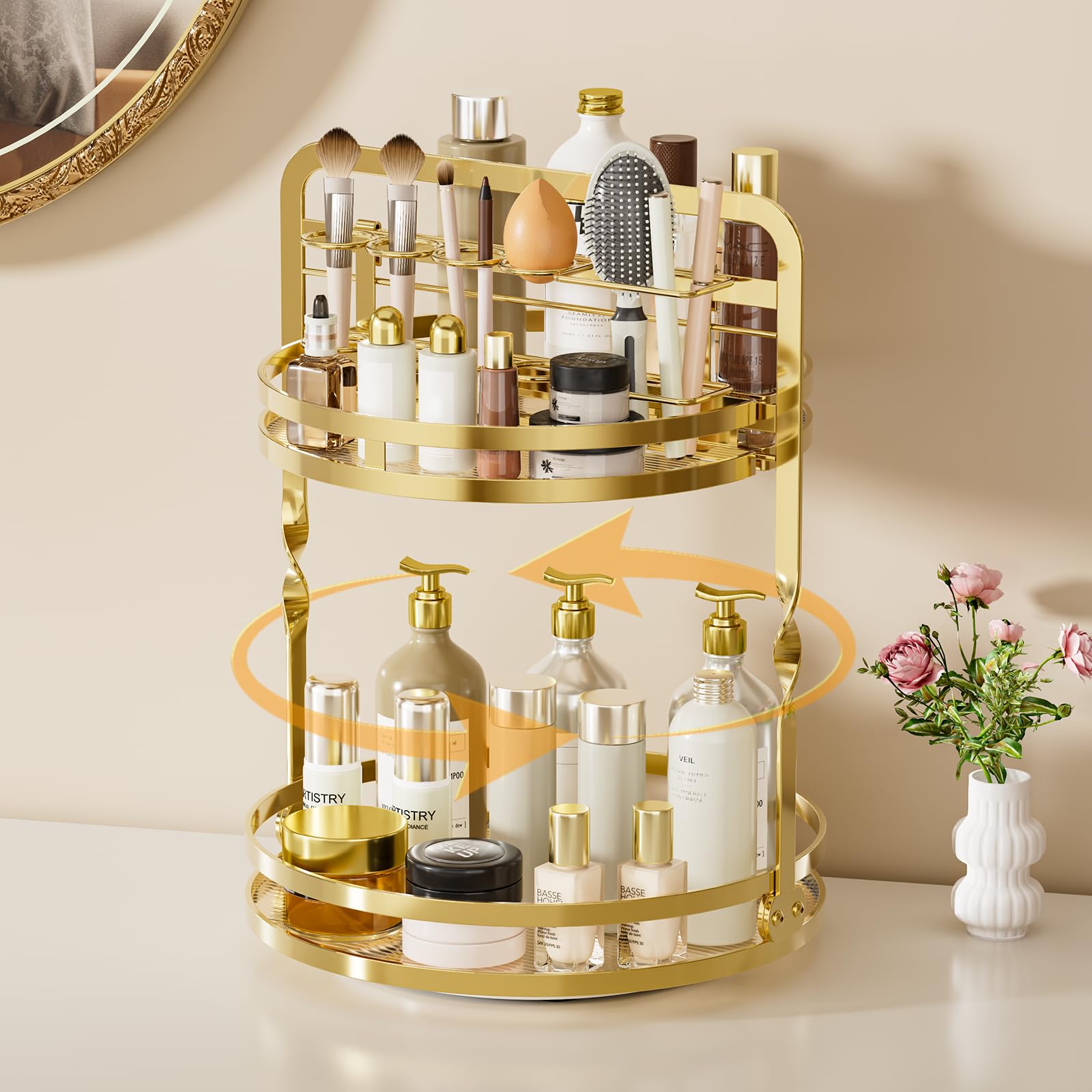 360Β° Rotating Makeup Organizer, 2-Tier Gold Perfume Organizer for Dresser, Bathroom Organizers Countertop, Perfume Shelf with Makeup Brush Holder, Skincare Holder Cosmetic Display(Gold)