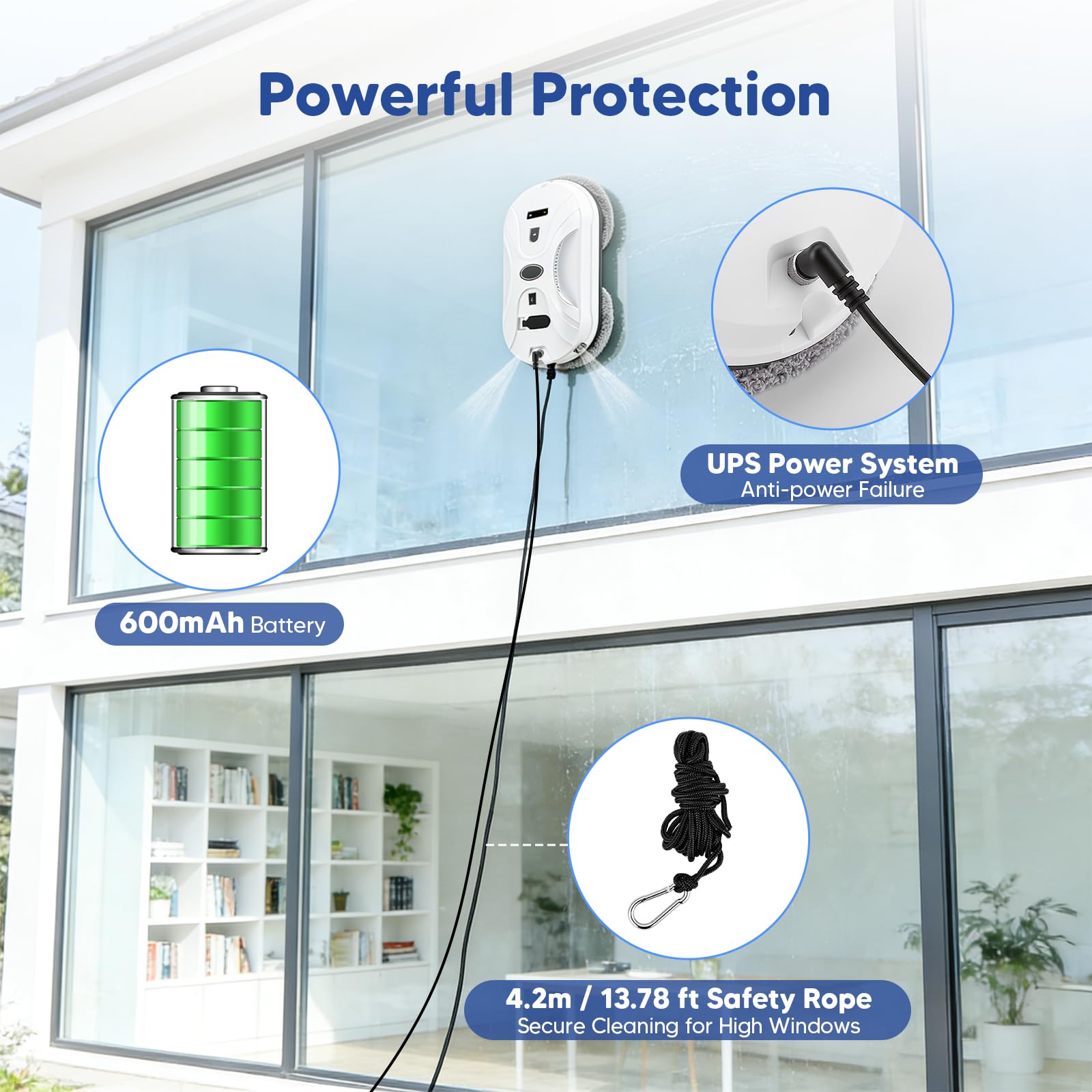 Robot Limpiacristales Automático 5800Pa, Limpiador de Ventanas Eléctrico con Doble Pulverizador, Navegación Inteligente, 3 Modos, Seguridad Anticaídas, Mando&10 Paños Lavable, para Cristales