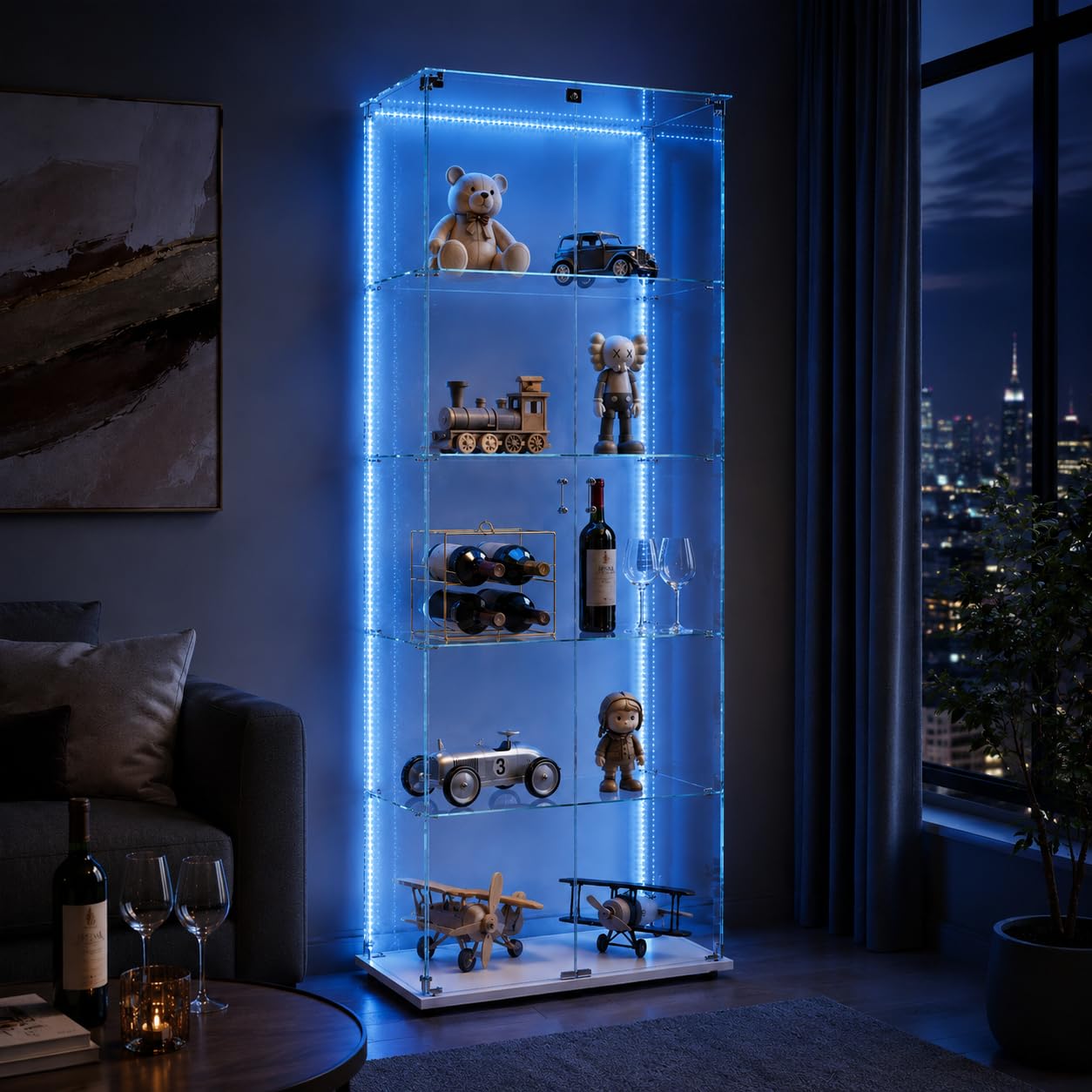 Vetrinetta in vetro da esposizione, Vetrinetta in piedi con LED, 5 strati di vetro, legno, vetrina in vetro, vetrinetta con 2 porte e serratura, vetrina in vetro, vetrinetta da esposizione per