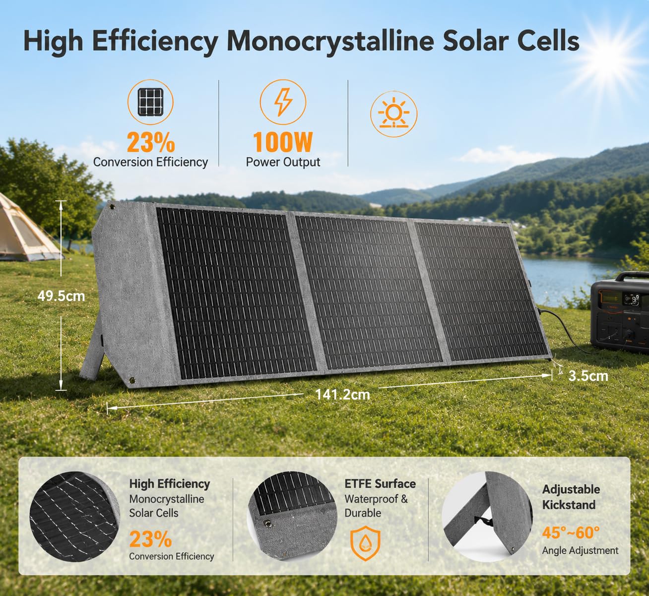Panel solar plegable portátil de 100 W, 23 % de alta eficiencia, PD45 W USB-C QC3.0 USB-A XT60 puerto CC, cargador solar con soportes dobles para camping, RV, batería de 12 V fuera de la red (100 W