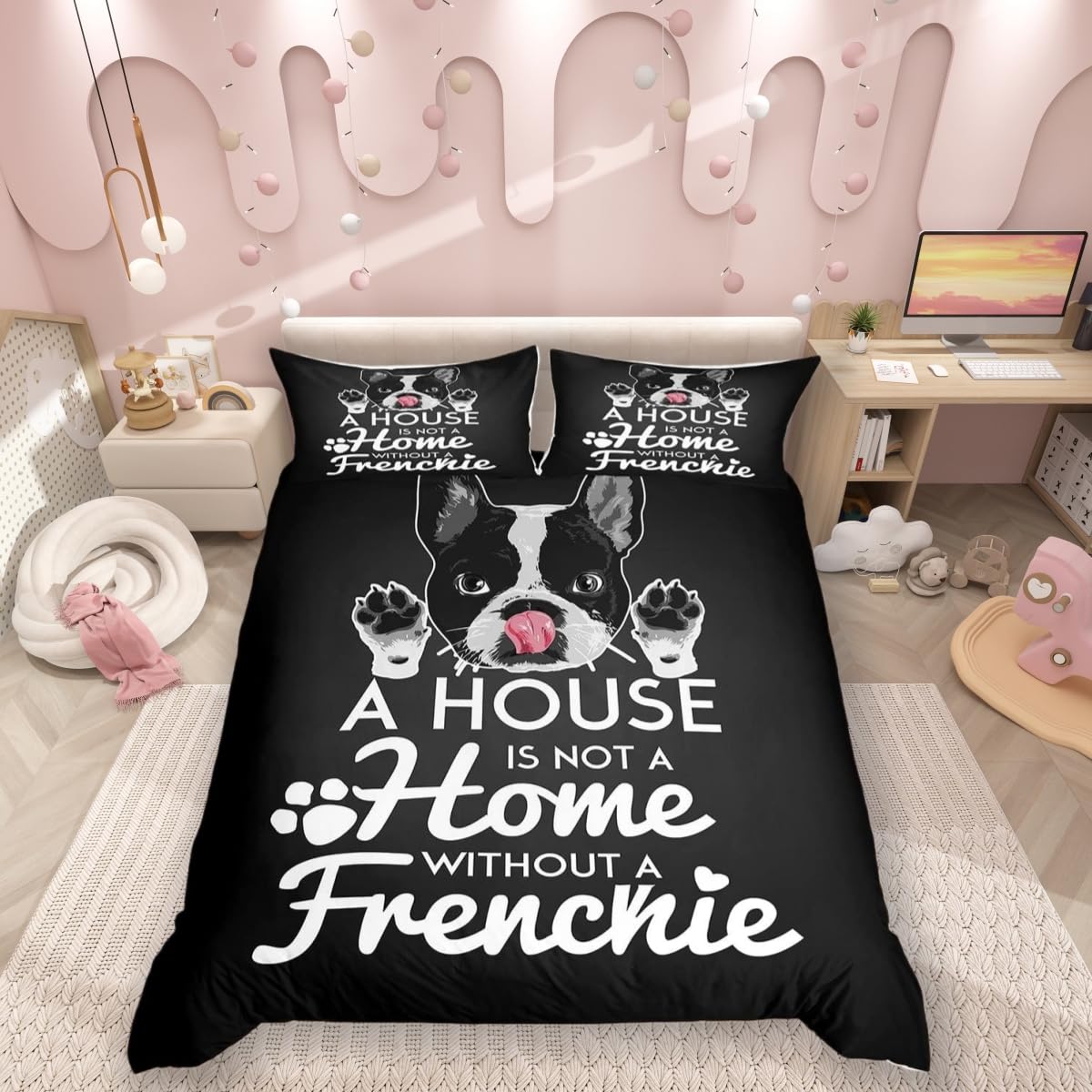 Feelingyou Boys Multi 7 Cute Frenchie Puppy Comforter Covet Double Size,Black White Bulldog Duvet Cover With 2 Pillowcases,3 Piece,Family Pet Animal Polyester Bedding Set For Teens Bedroom Decor