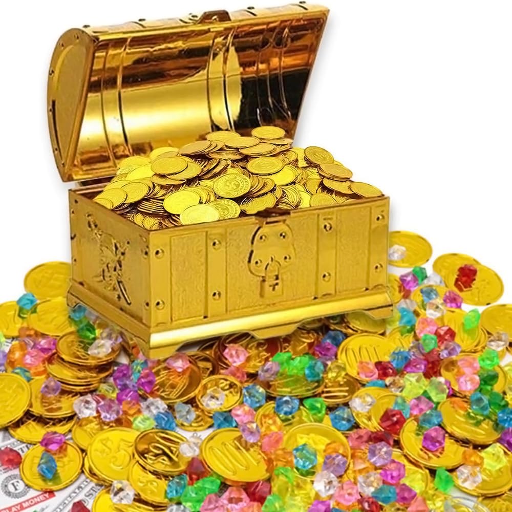 Deolven Treasure Chest, Plastic Pirate Treasure Box for Store the Pirate Party Decorations Gold Coins, Reward Fake Money - Image 3