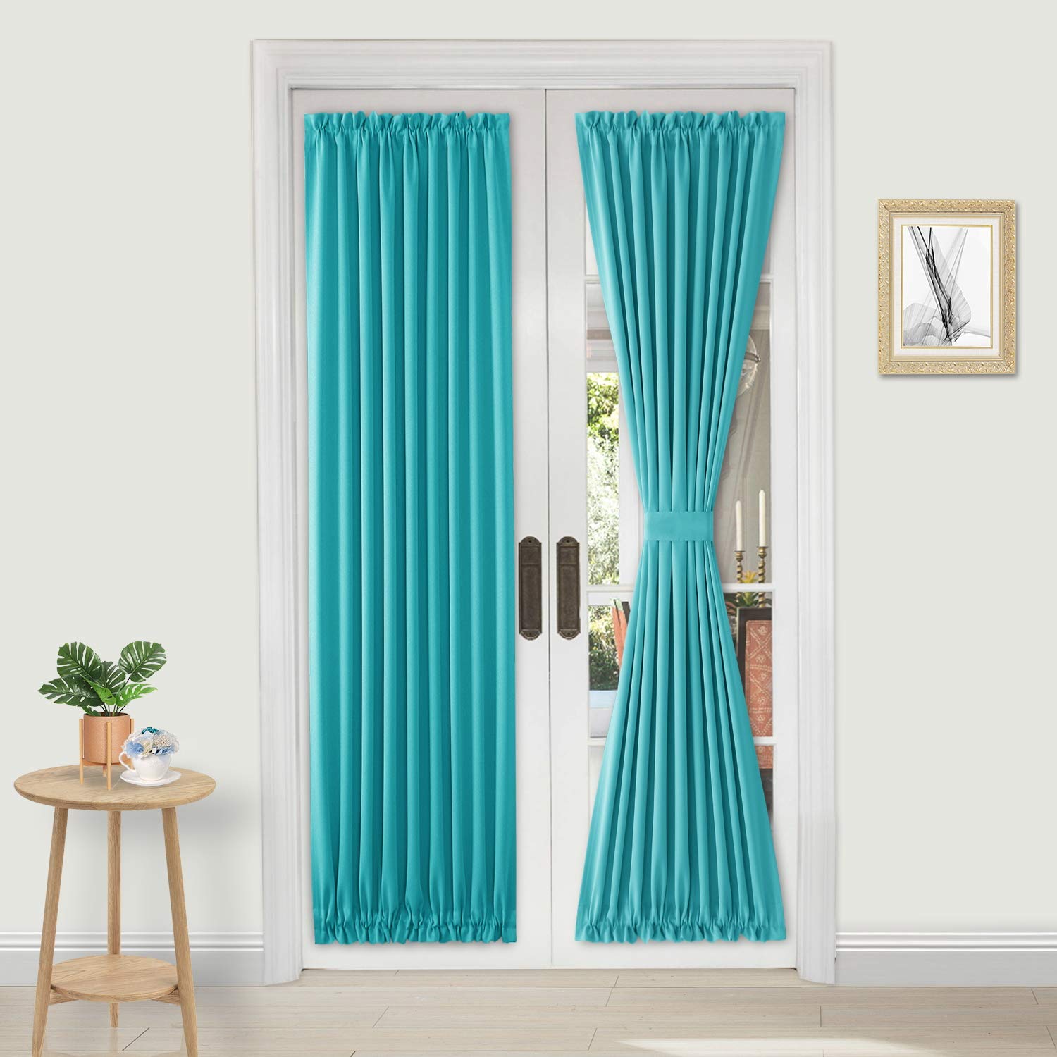 DWCN French Door Curtains โ Rod Pocket Thermal Blackout Curtain for Doors with Glass Window, Kitchen and Patio Doors for Privacy, 23 X 72 Inch Length, 1 Curtain Panel with Tieback, Turquoise โ image 1
