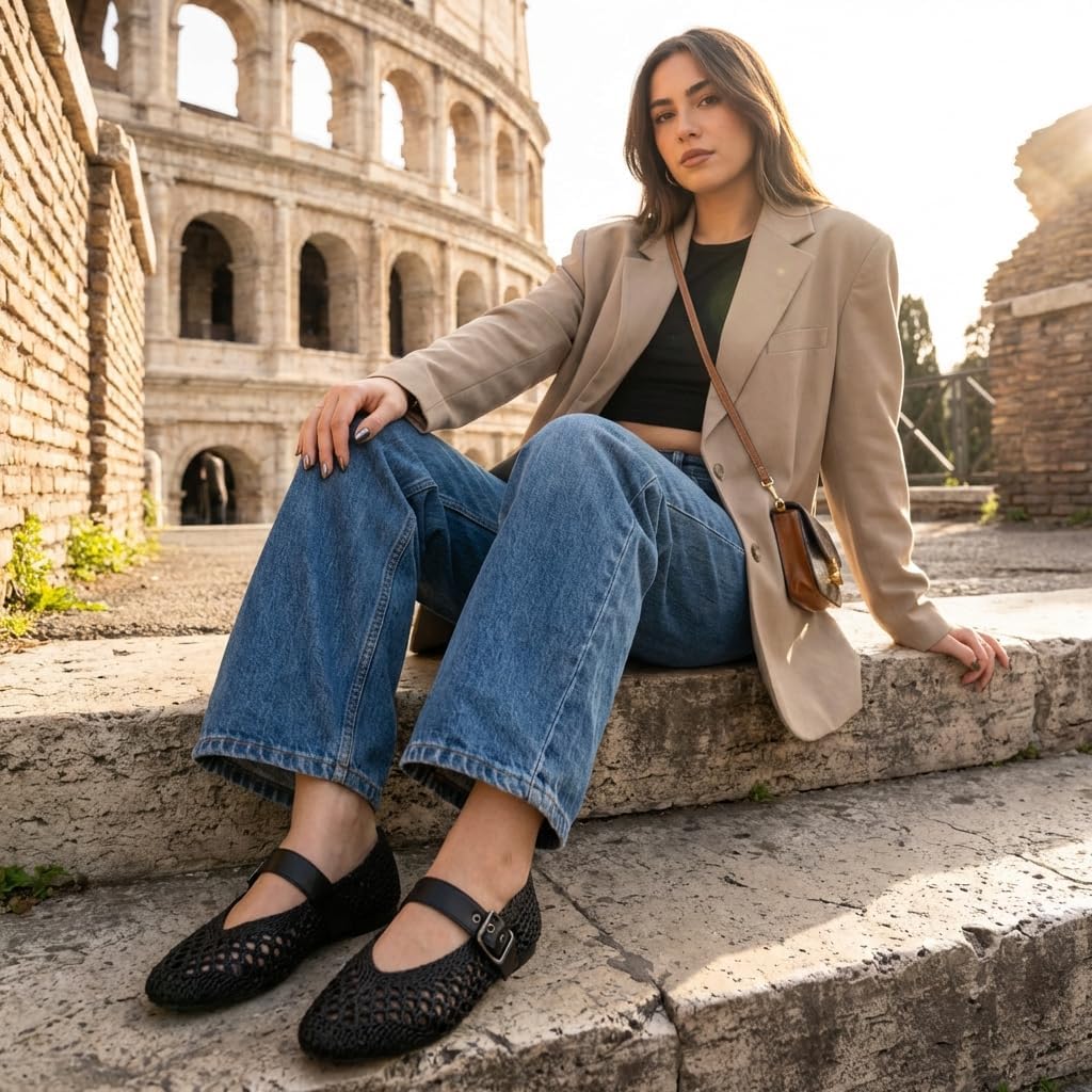 CUSHIONAIRE Gabby Woven Mary Jane Ballet Flats for Women, Comfortable Dressy Flat Shoes with Adjustable Gold-Tone Buckle and Memory Foam Cushioning