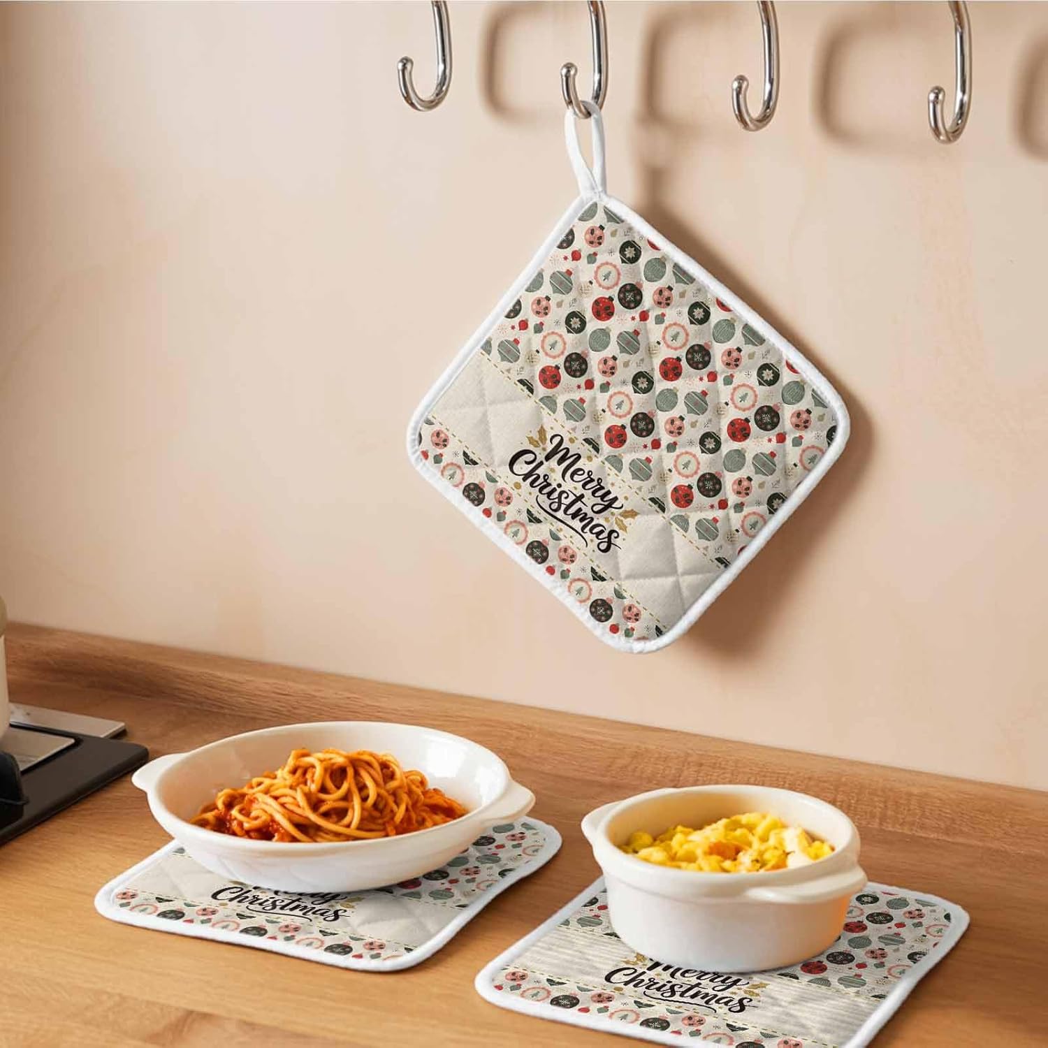 5 Pack Pot Holders for Kitchen, Merry Christmas Hot Pads for Kitchen Countertops Oven Pot Holder Bulk, Retro Winter Watercolor Coloful Ball Heat Insulation Potholders with Hanging Loops