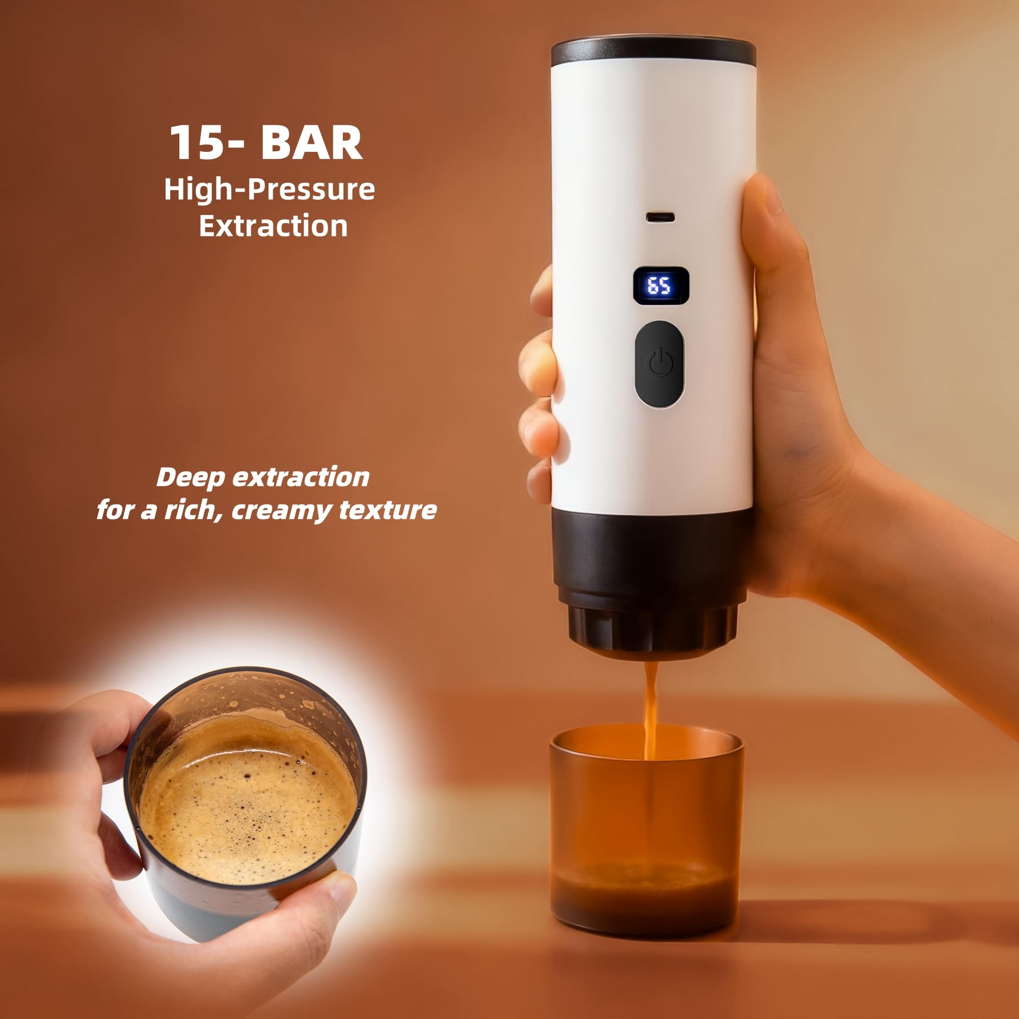 Macchina per caffè espresso portatile 3 in 1 con batteria | Macchina da caffè con funzione di riscaldamento | Ricarica di tipo C | Temperatura e indicatore batteria | Caffè da viaggio